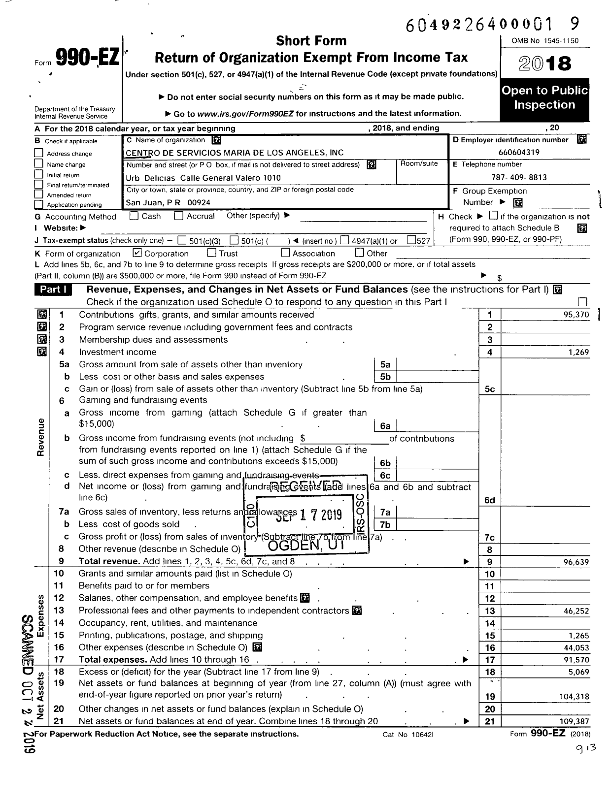 Image of first page of 2018 Form 990EO for Centro de Servicios Maria de Los Angeles