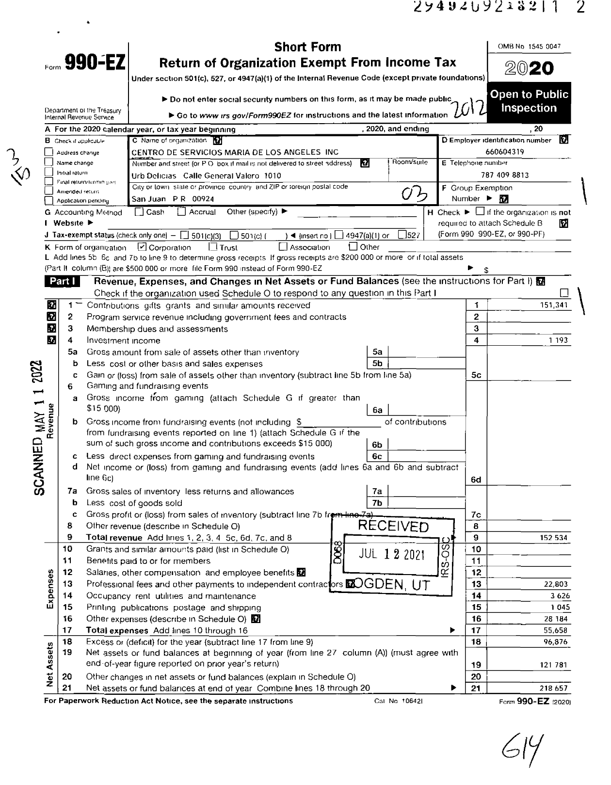 Image of first page of 2020 Form 990EZ for Centro de Servicios Maria de Los Angeles