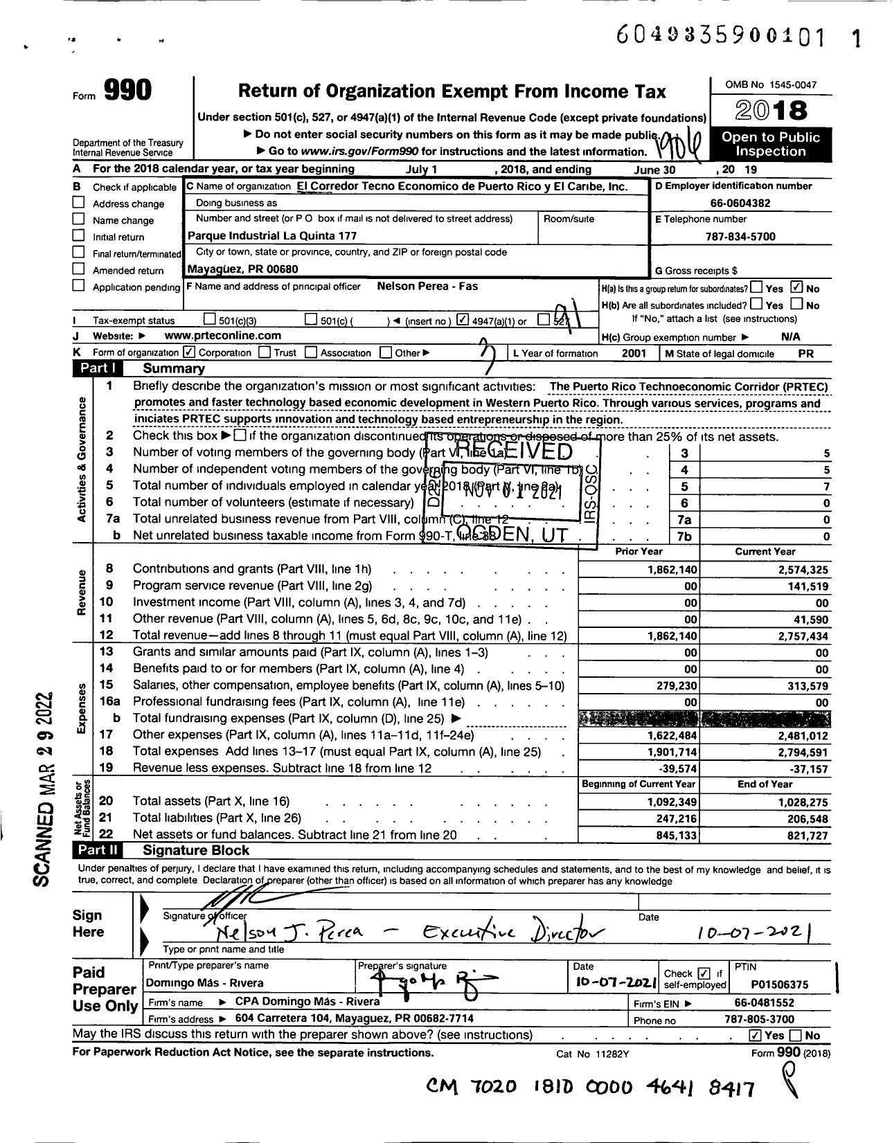 Image of first page of 2018 Form 990O for El Corredor Tecnoeconomico Economico de