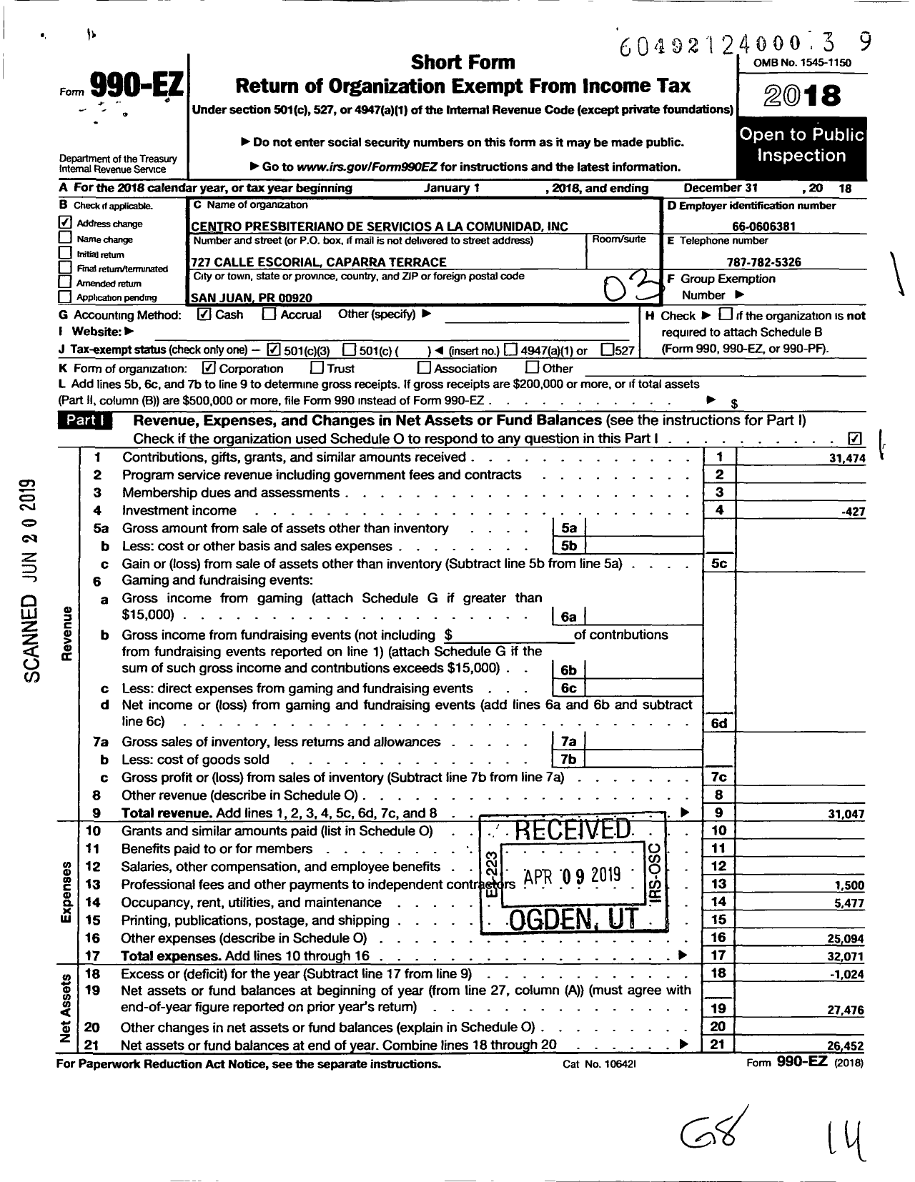 Image of first page of 2018 Form 990EZ for Centro-Presbiteriano de Servicios A La Comunidad