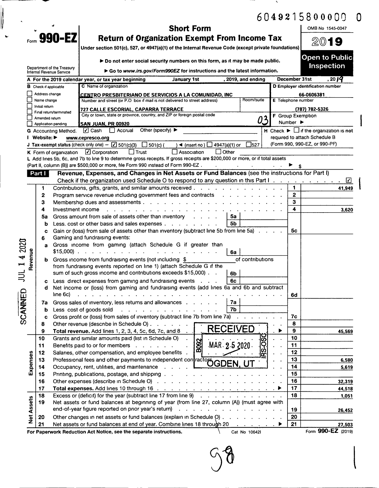 Image of first page of 2019 Form 990EZ for Centro-Presbiteriano de Servicios A La Comunidad