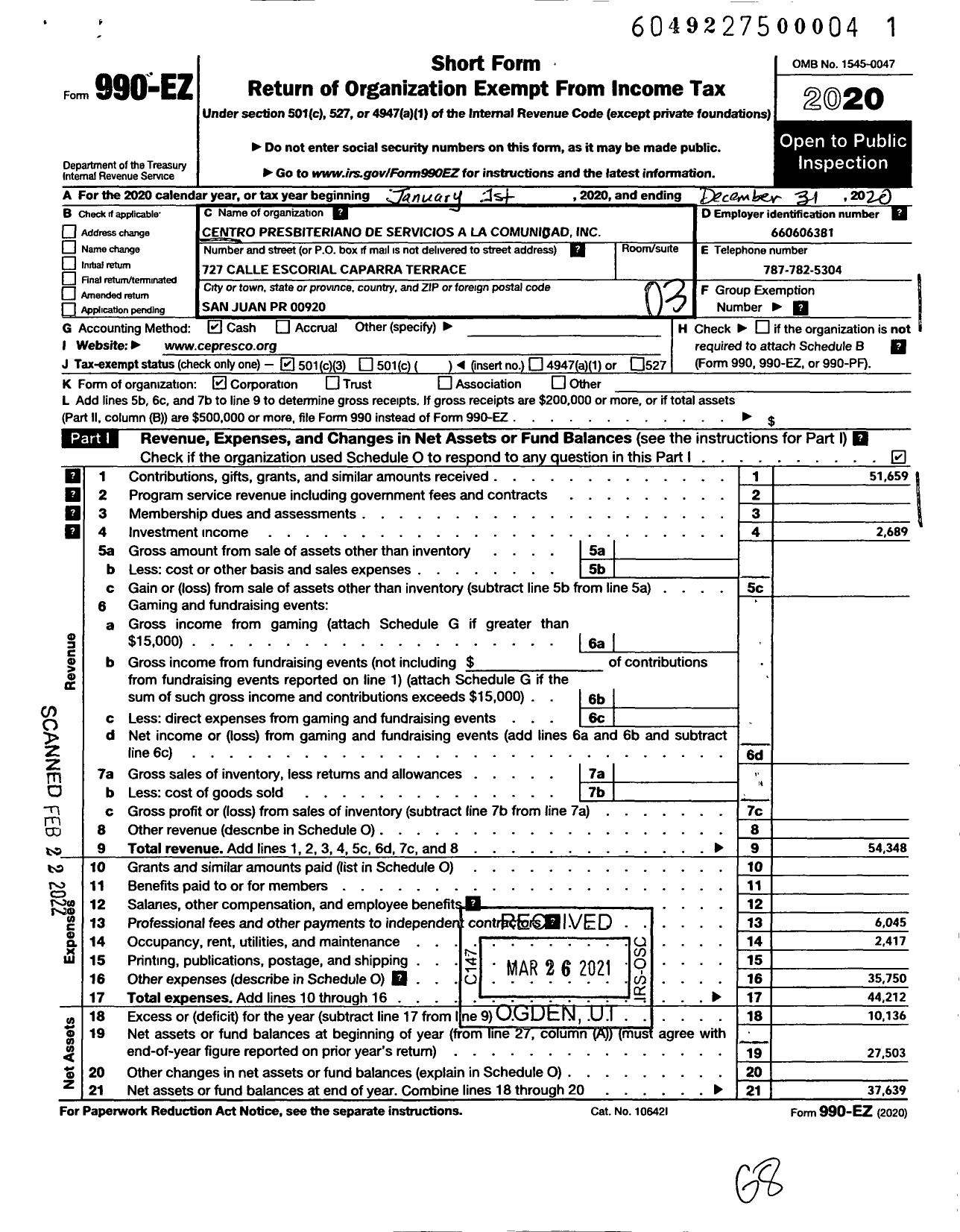 Image of first page of 2020 Form 990EZ for Centro-Presbiteriano de Servicios A La Comunidad