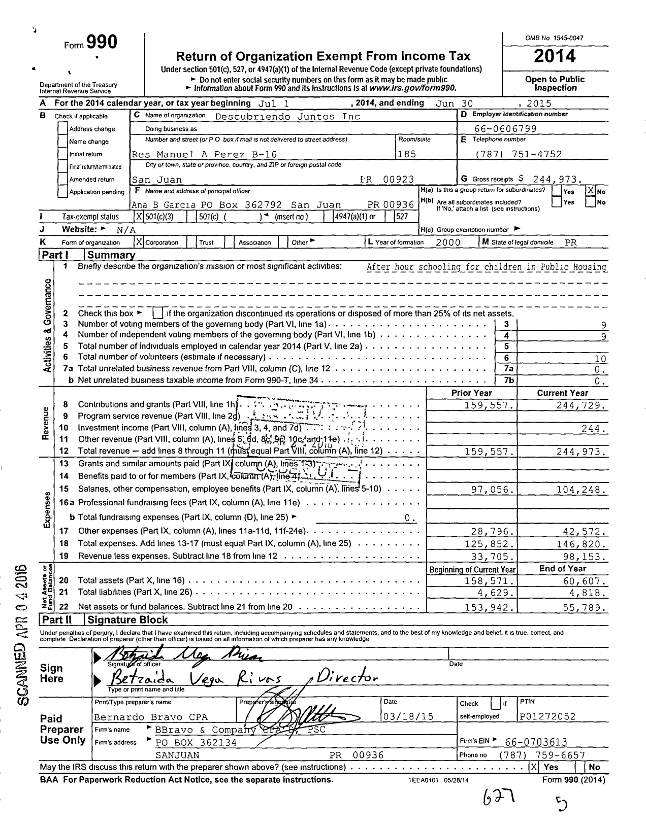 Image of first page of 2014 Form 990 for Descubriendo Juntos