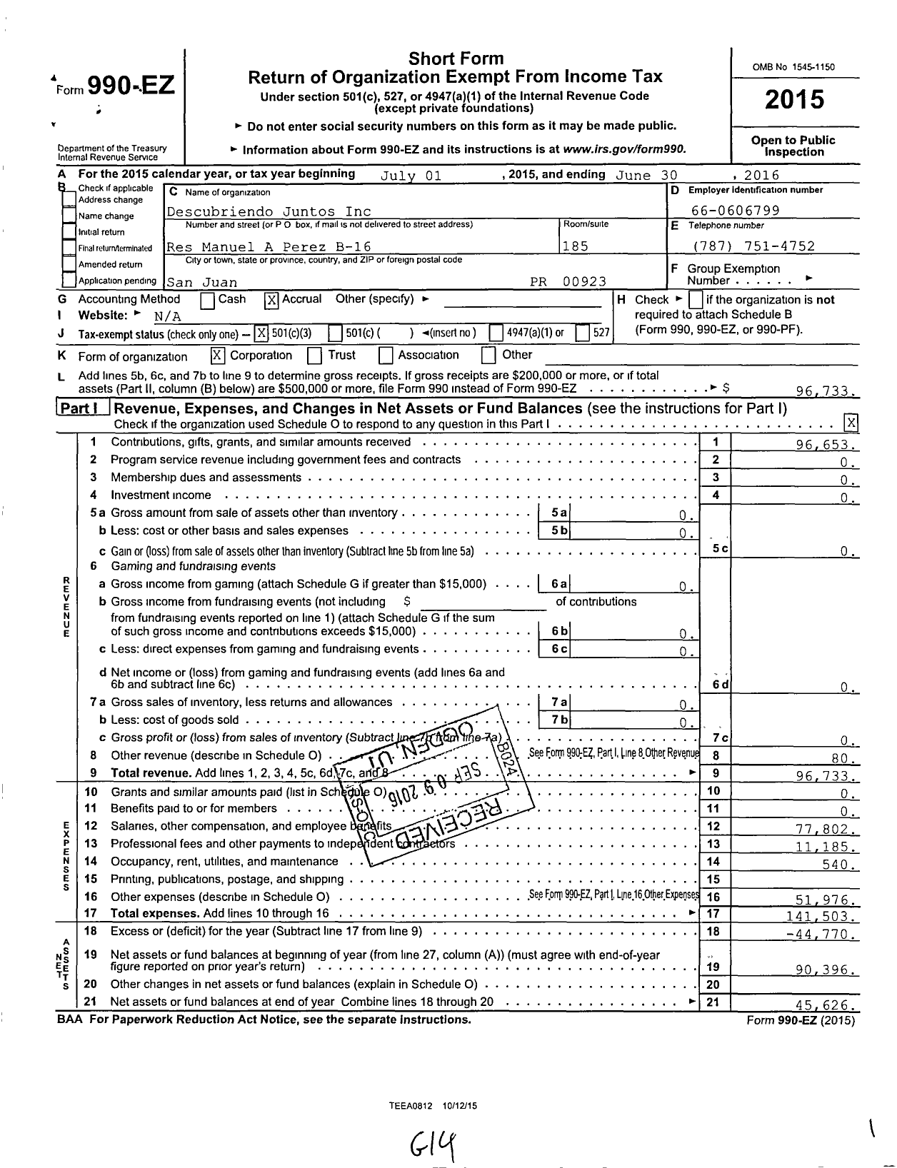 Image of first page of 2015 Form 990EZ for Descubriendo Juntos