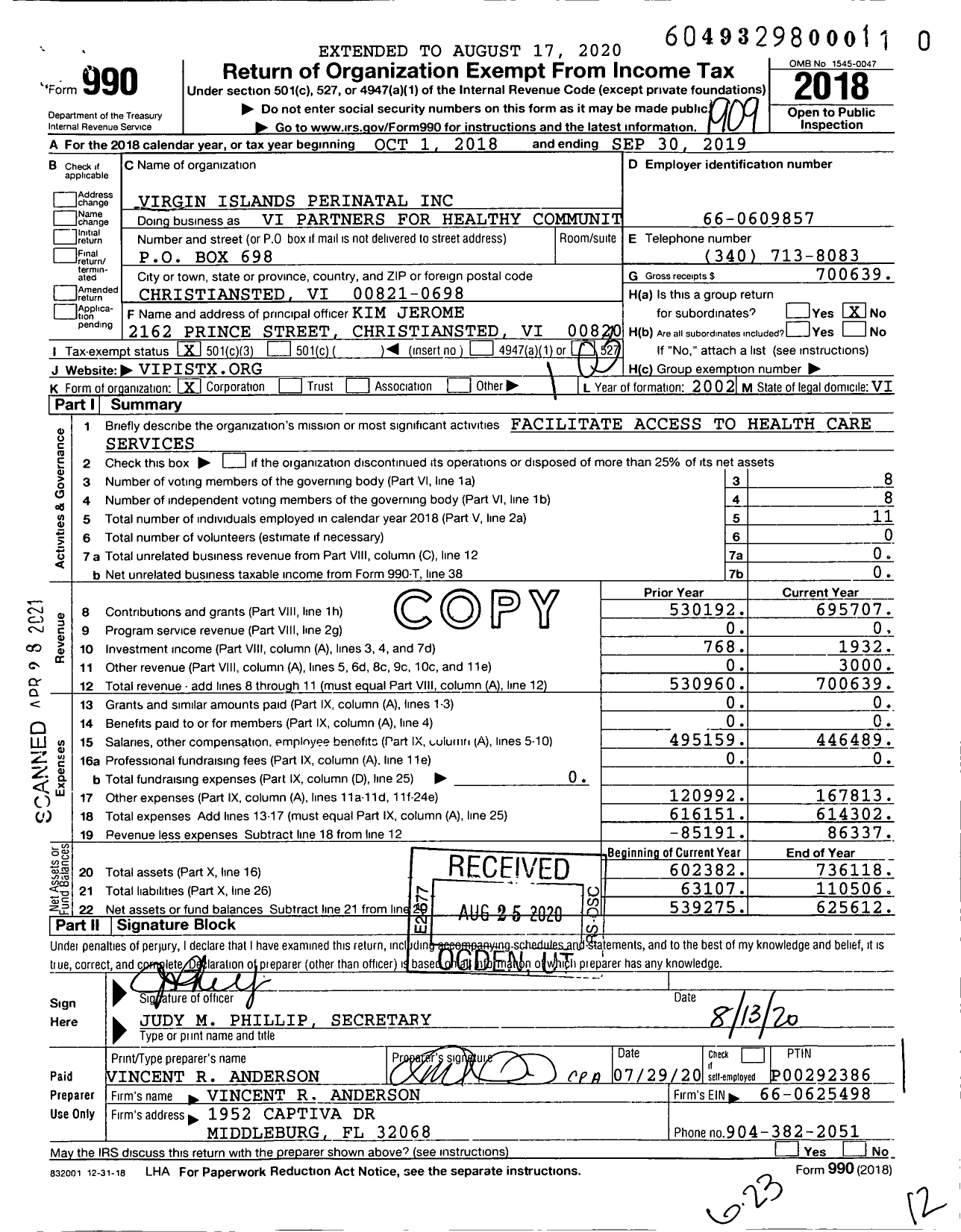 Image of first page of 2018 Form 990 for Virgin Partners for Healthy Communities