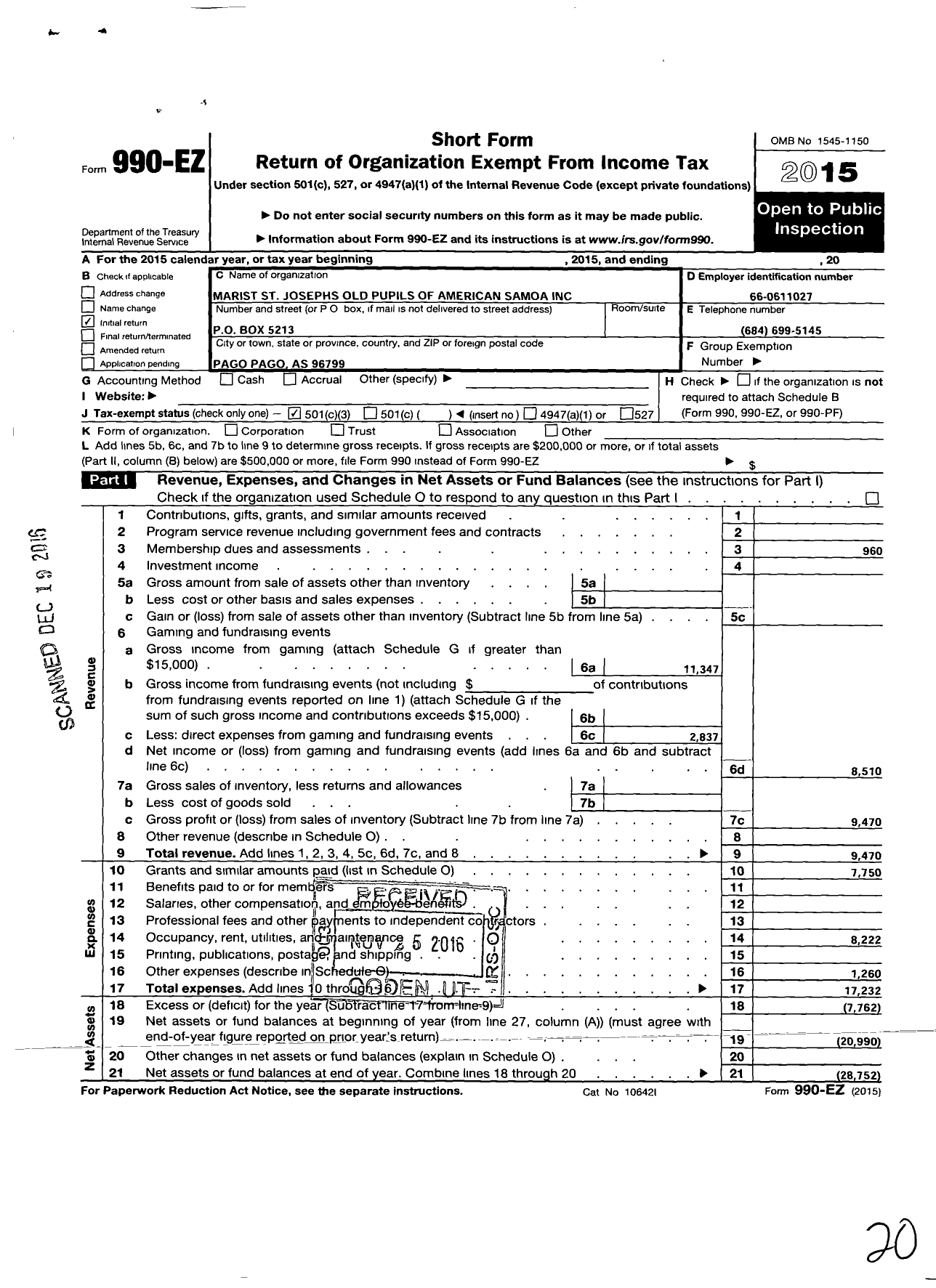 Image of first page of 2015 Form 990EZ for Marist St Josephs Old Pupils of American Samoa