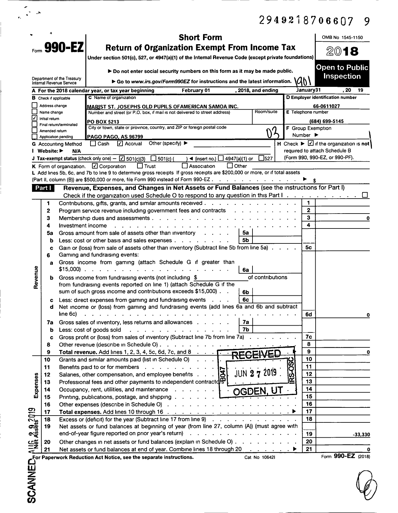 Image of first page of 2018 Form 990EZ for Marist St Josephs Old Pupils of American Samoa