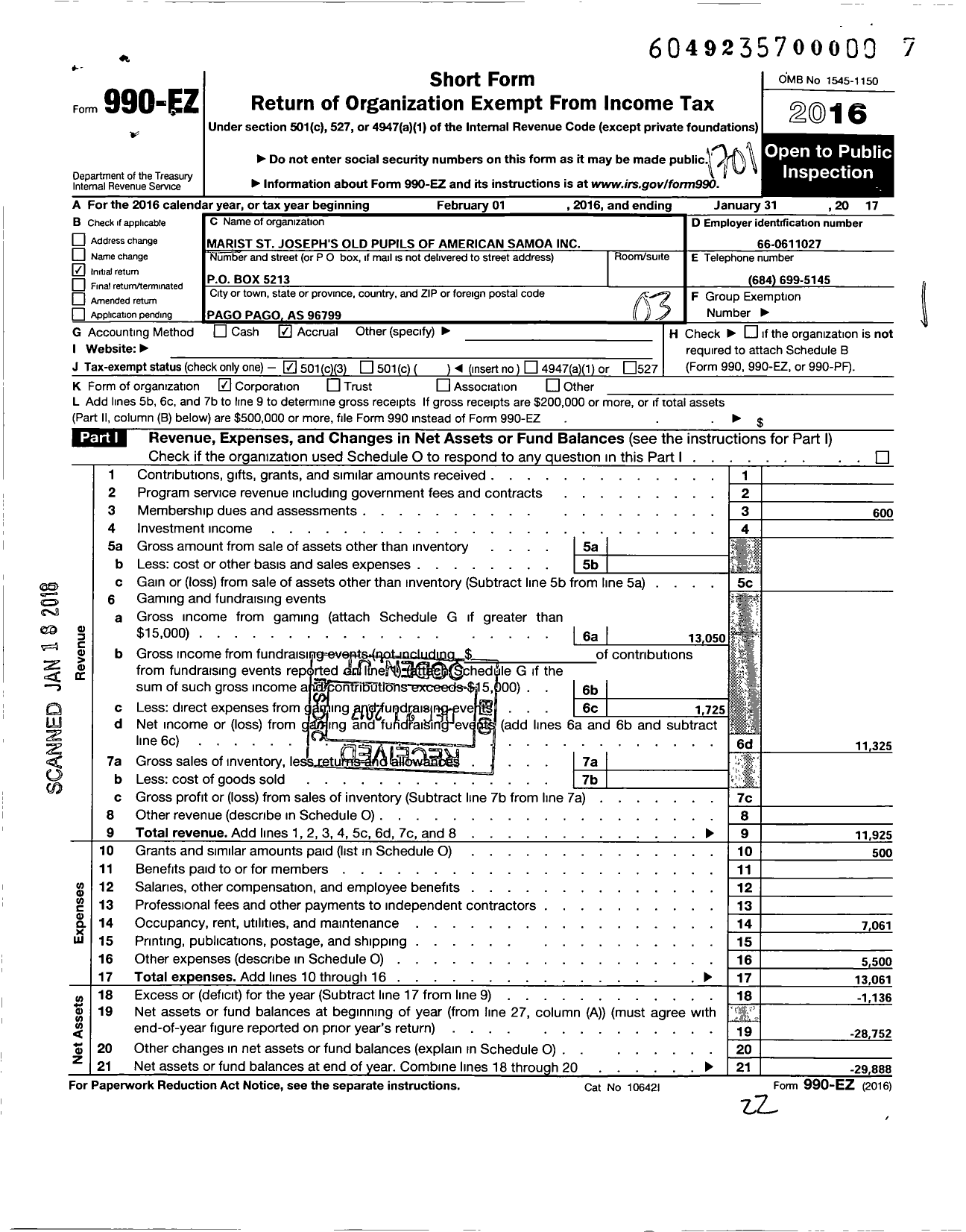 Image of first page of 2016 Form 990EZ for Marist St Josephs Old Pupils of American Samoa