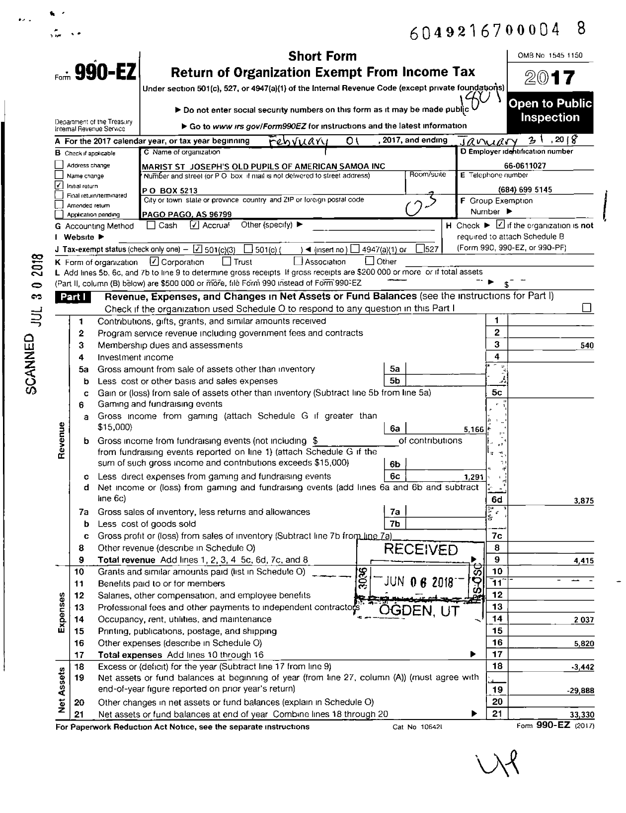 Image of first page of 2017 Form 990EZ for Marist St Josephs Old Pupils of American Samoa