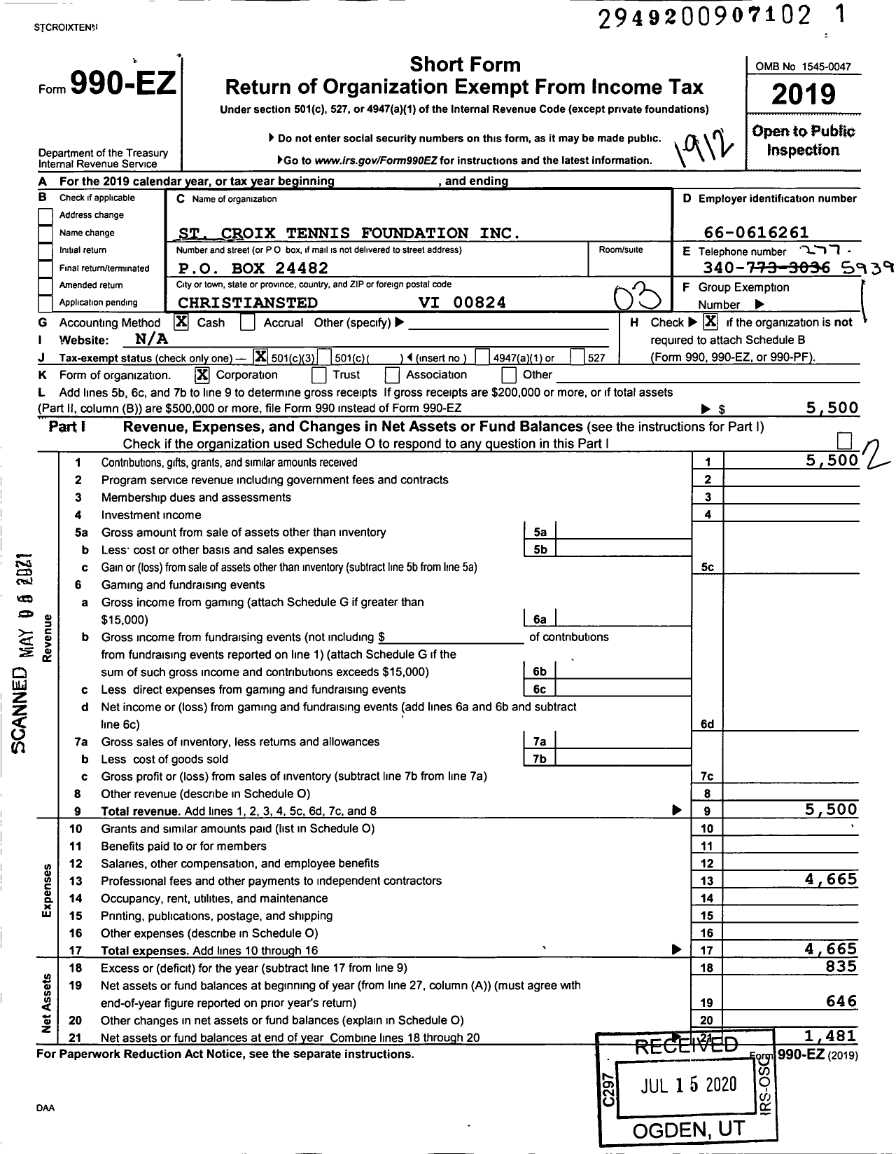 Image of first page of 2019 Form 990EZ for St Croix Tennis Foundation