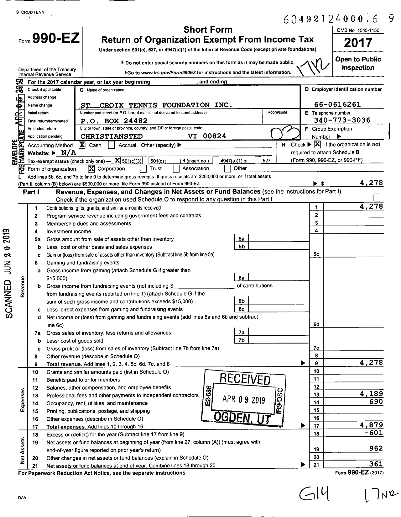 Image of first page of 2017 Form 990EZ for St Croix Tennis Foundation