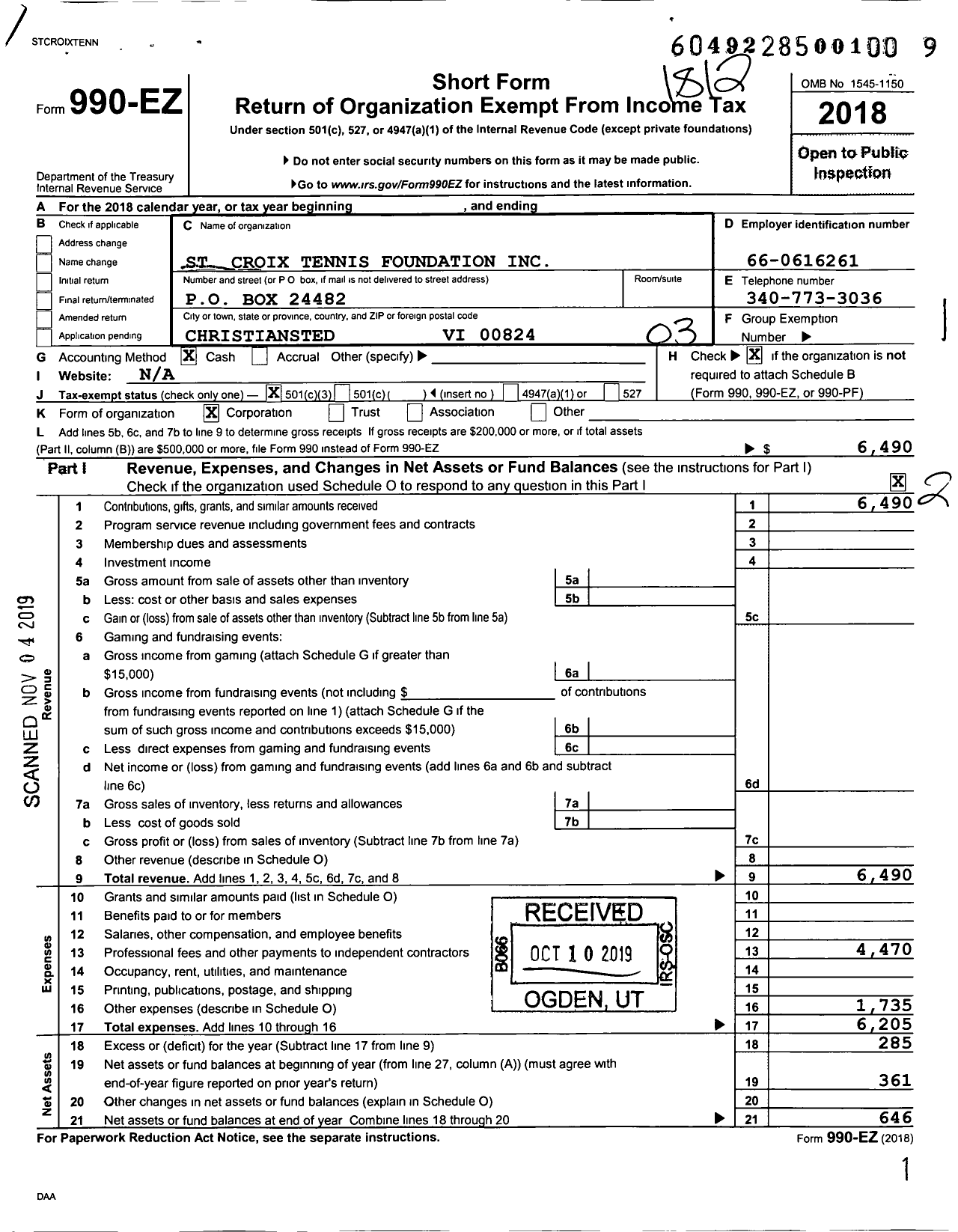 Image of first page of 2018 Form 990EZ for St Croix Tennis Foundation