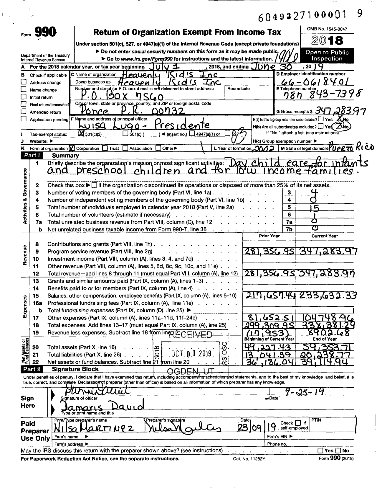 Image of first page of 2018 Form 990 for Heavenly Kids