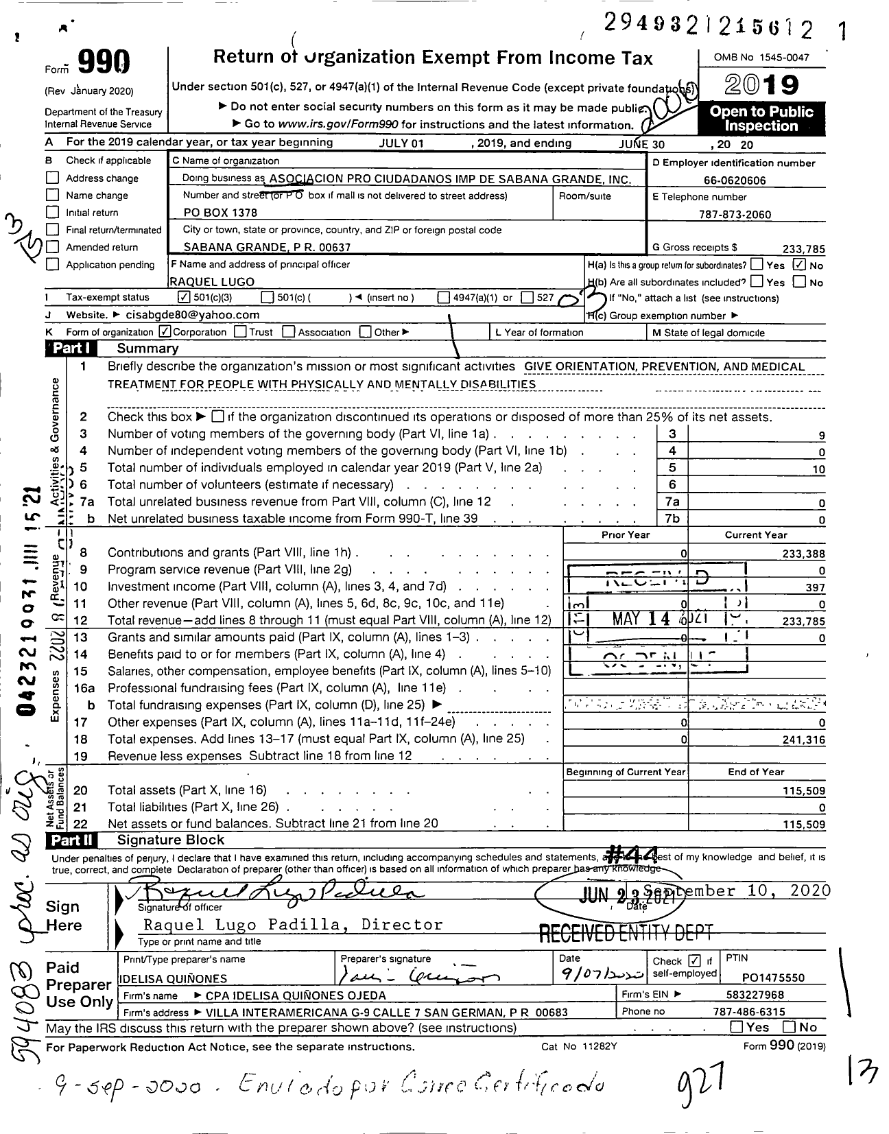 Image of first page of 2019 Form 990 for Asociacion Pro Cuidadanos Con Impedimentos de Sabana Grande