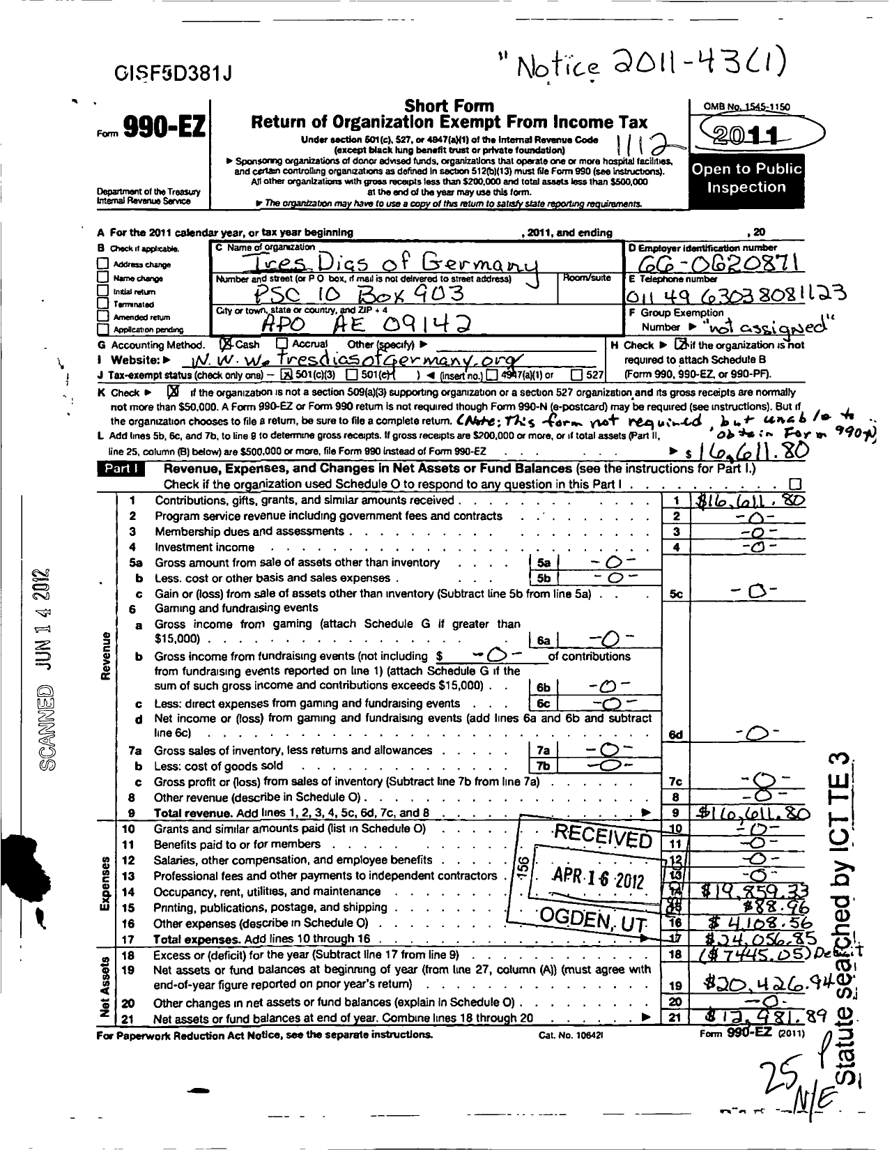 Image of first page of 2011 Form 990EZ for Tres Dias of Germany