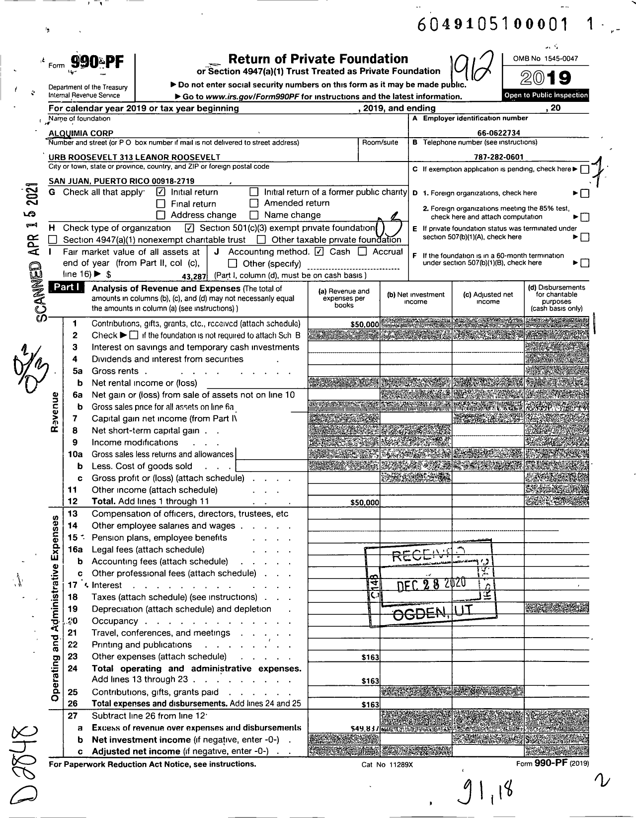 Image of first page of 2019 Form 990PF for Alquimia Corporation