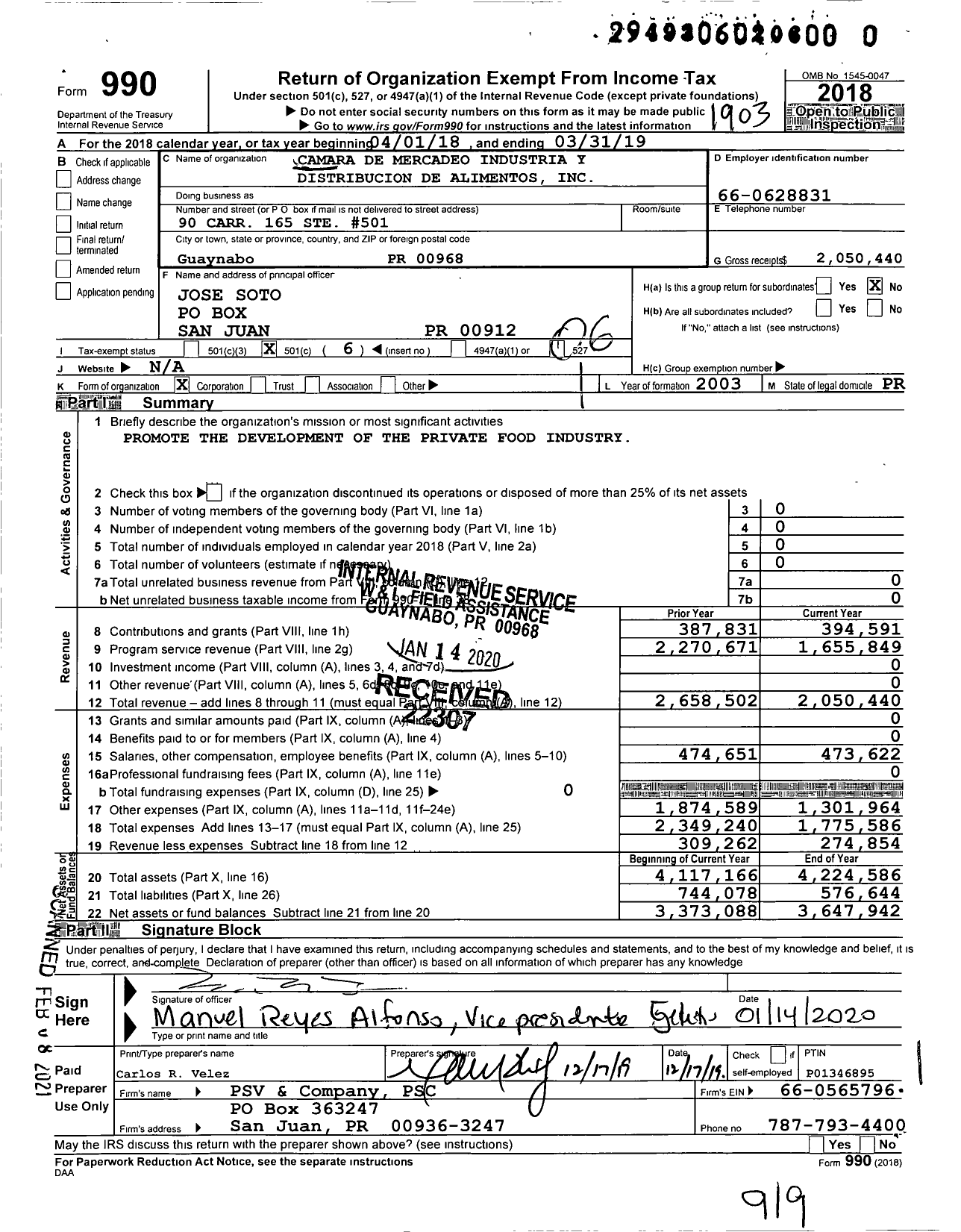 Image of first page of 2018 Form 990O for Camara de Mercadeo Industria Y Distribucion de Alimentos