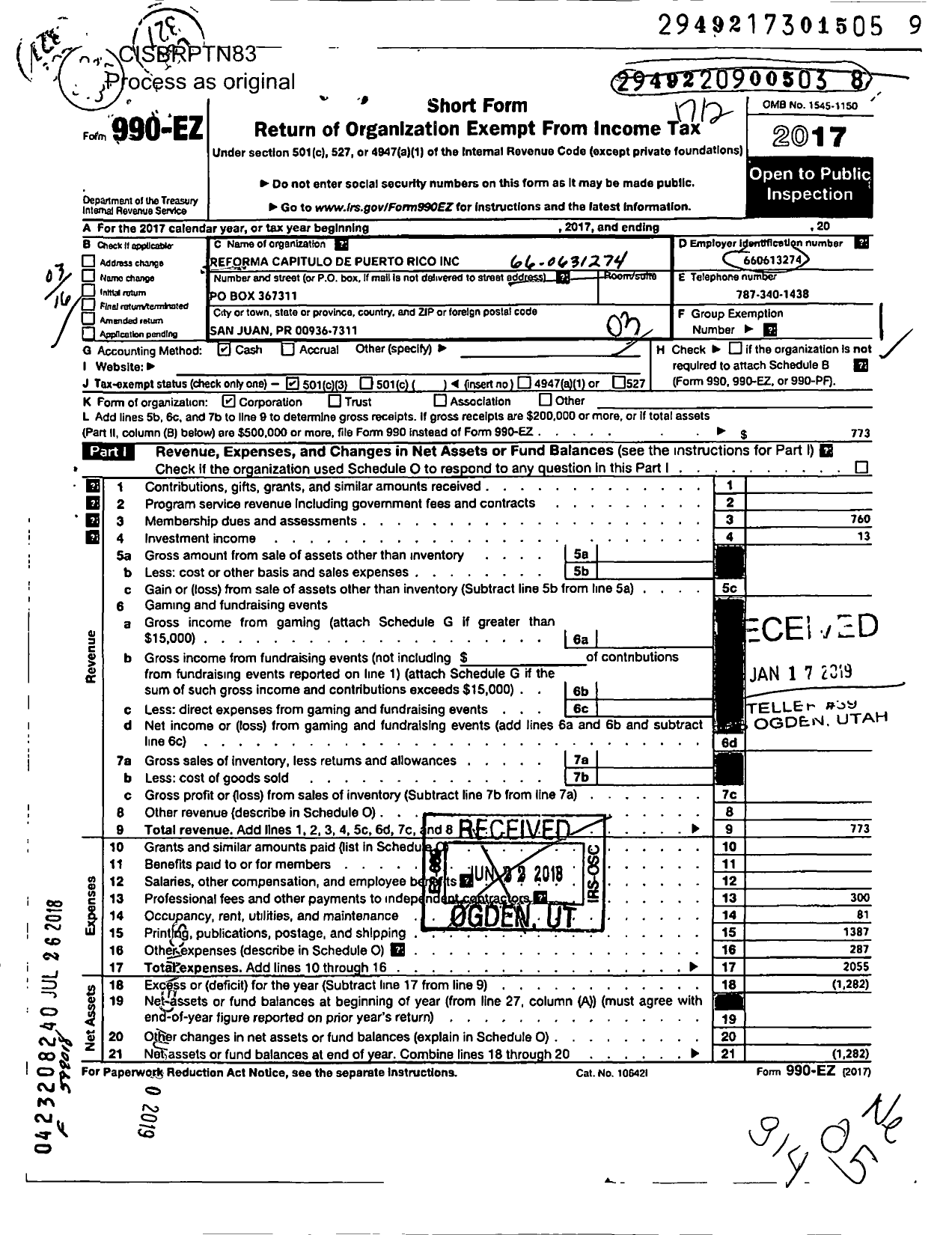 Image of first page of 2017 Form 990EZ for Reforma Capitulo de Puerto Rico