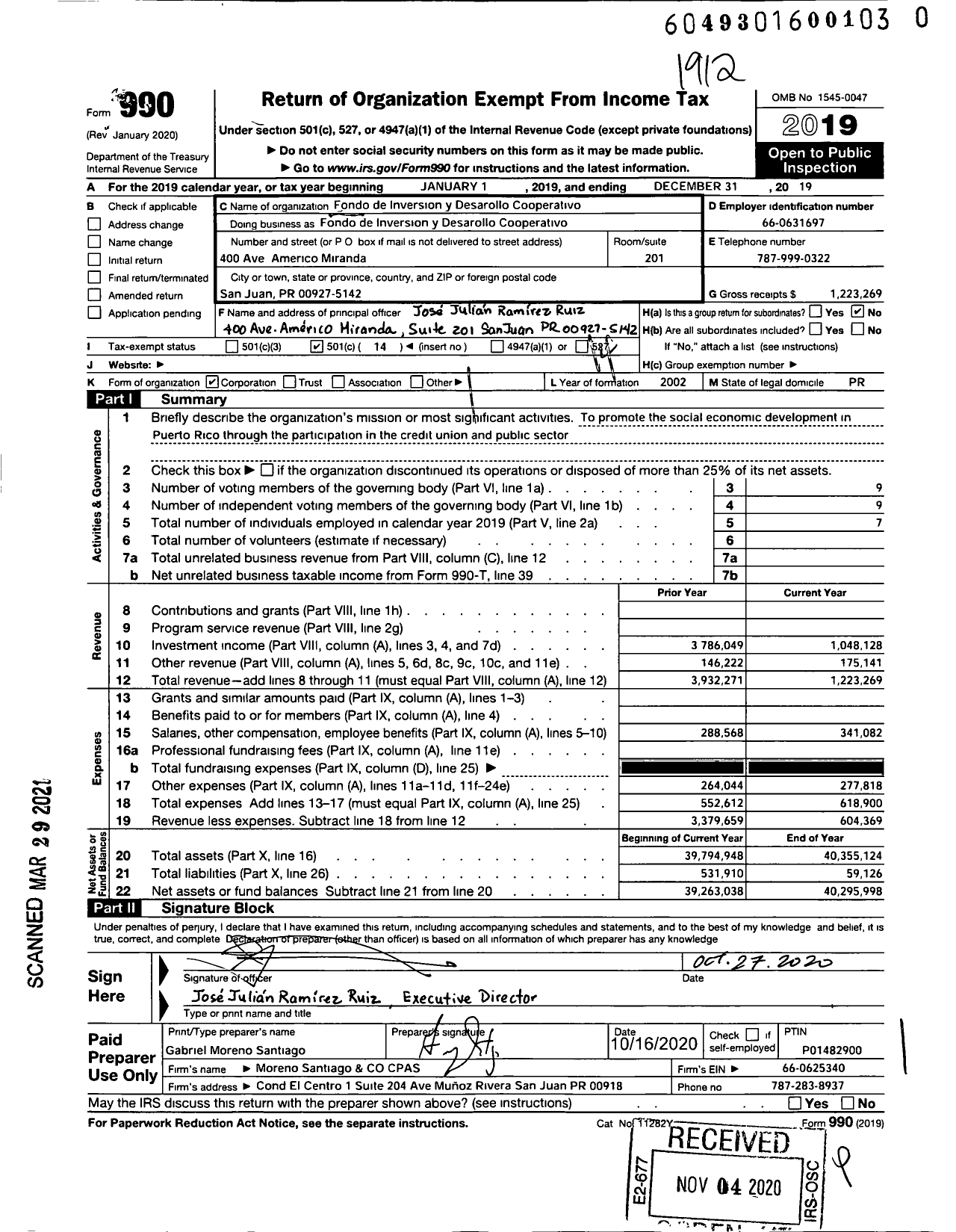 Image of first page of 2019 Form 990O for Fondo de Inversion Y Desarrollo Cooperativo