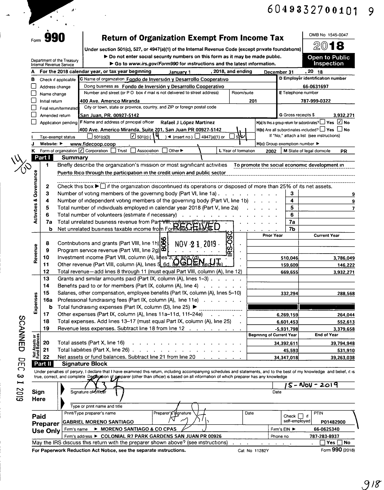 Image of first page of 2018 Form 990O for Fondo de Inversion Y Desarrollo Cooperative