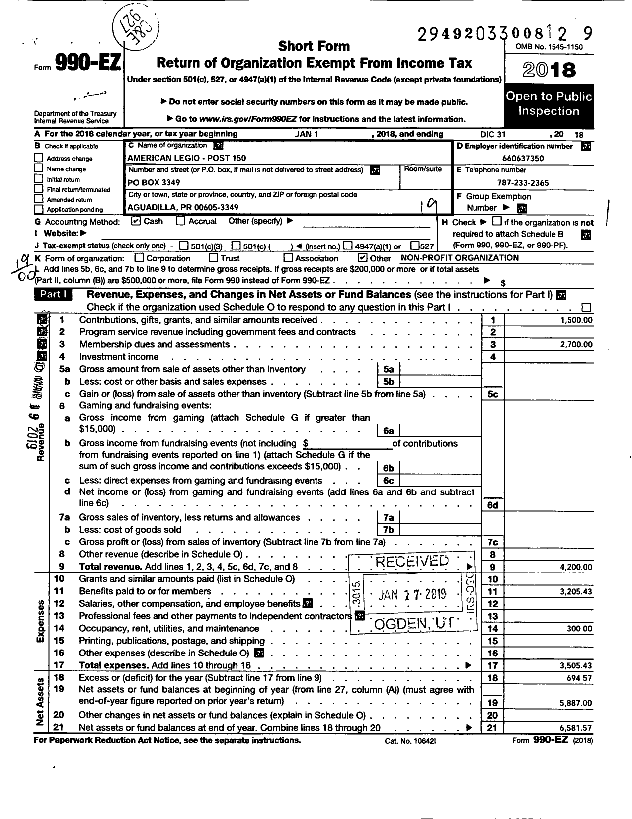 Image of first page of 2018 Form 990EO for American Legion Post 150