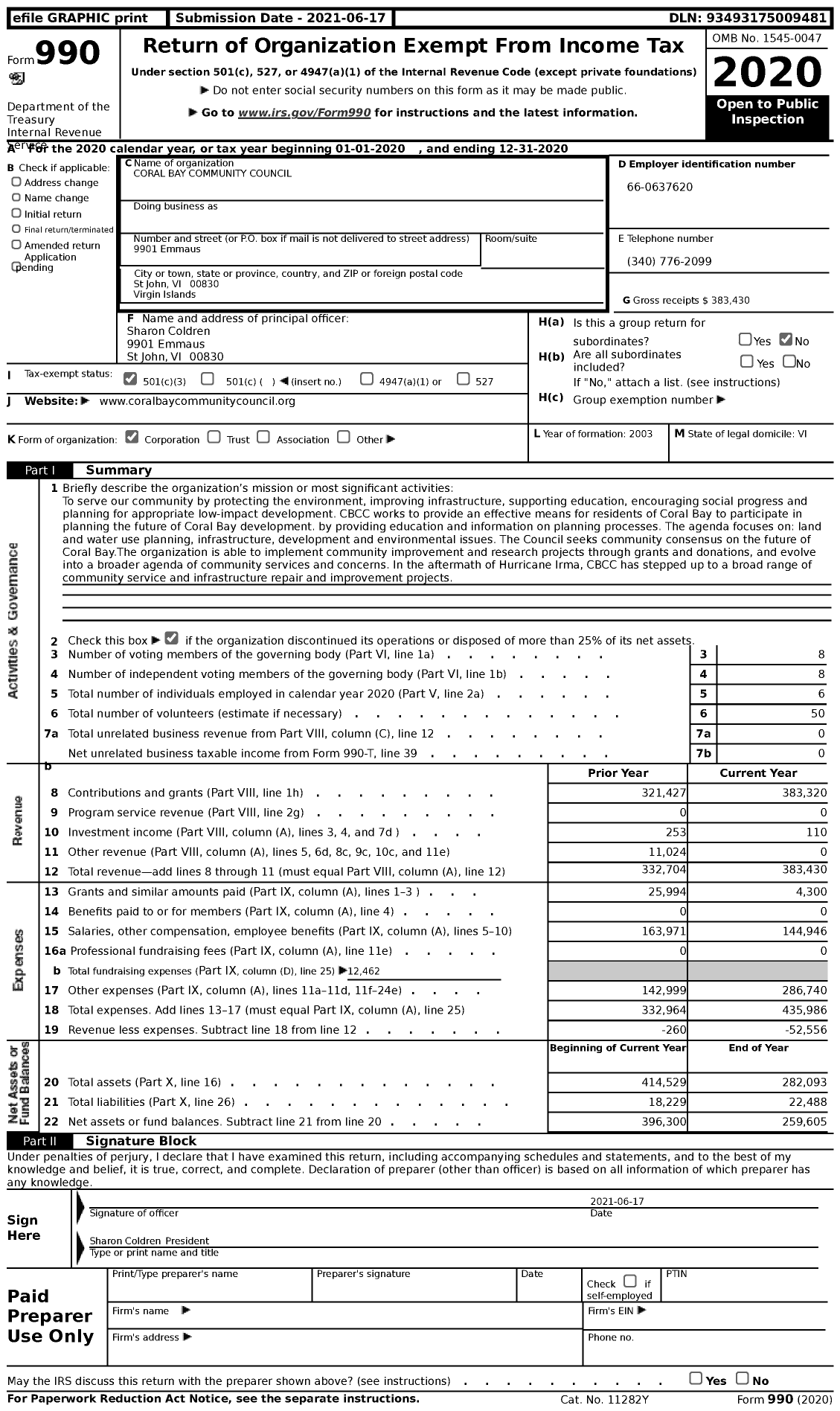 Image of first page of 2020 Form 990 for Coral Bay Community Council