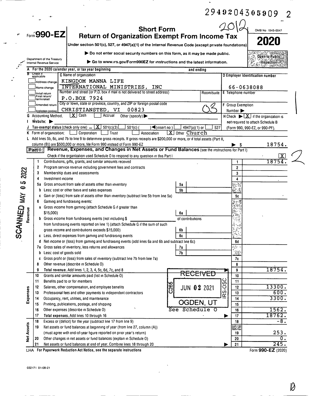 Image of first page of 2020 Form 990EZ for Kingdom Manna Life International Ministries