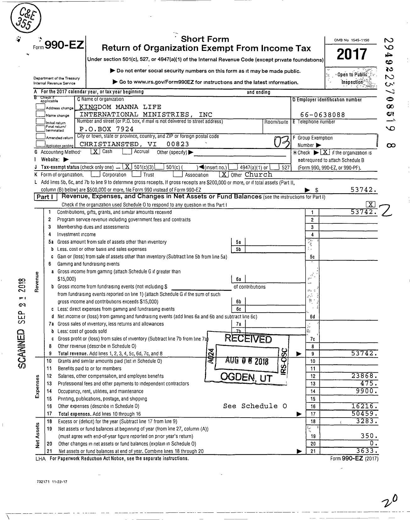 Image of first page of 2017 Form 990EZ for Kingdom Manna Life International Ministries