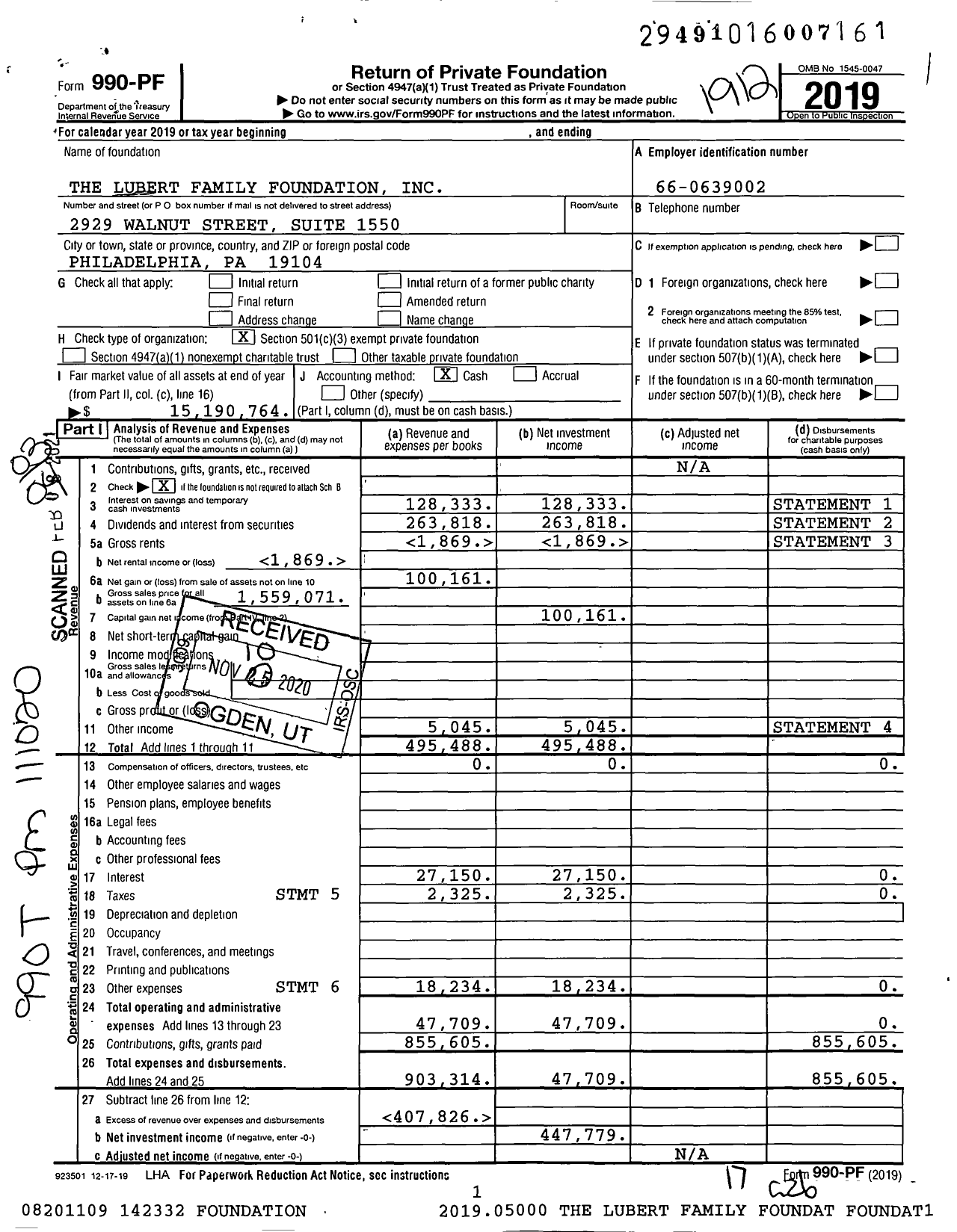 Image of first page of 2019 Form 990PF for The Lubert Family Foundation