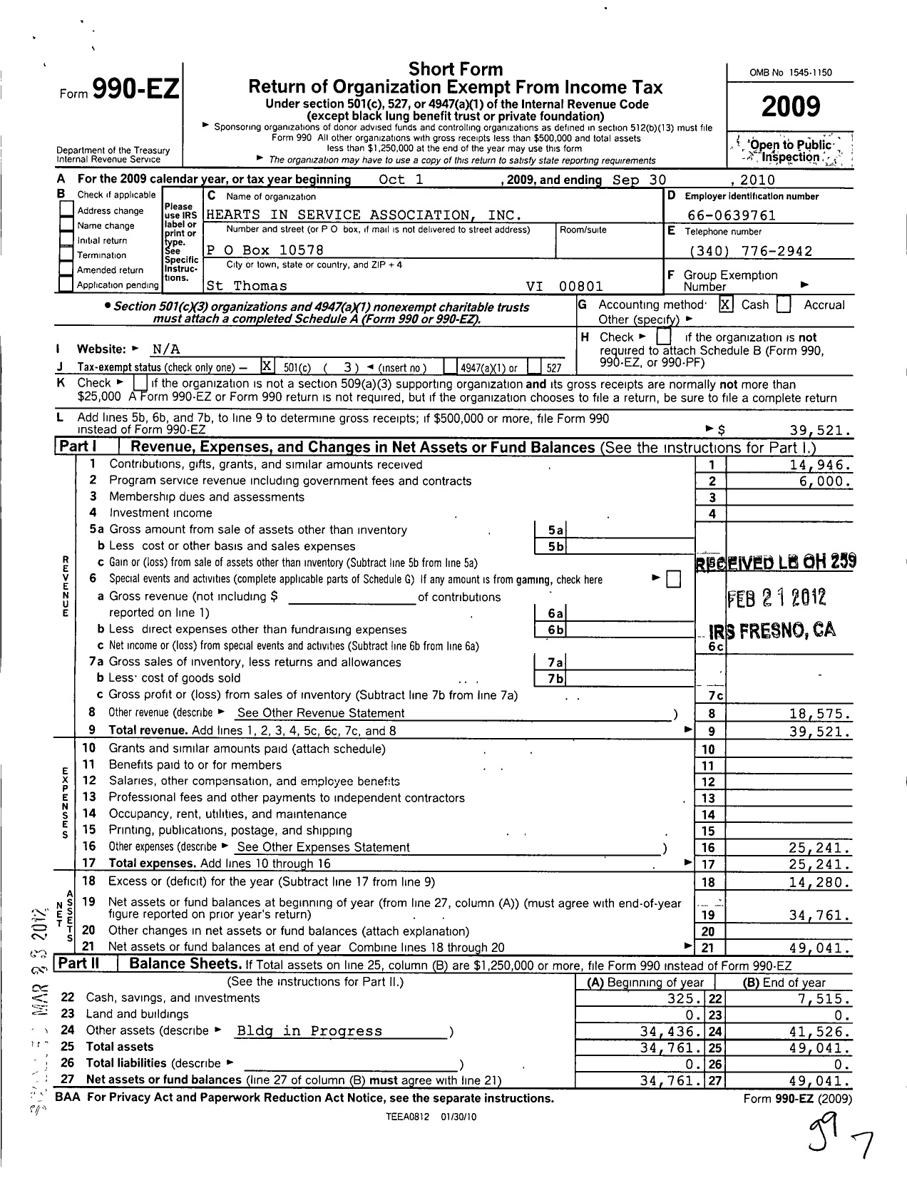 Image of first page of 2009 Form 990EZ for Hearts in Service Association