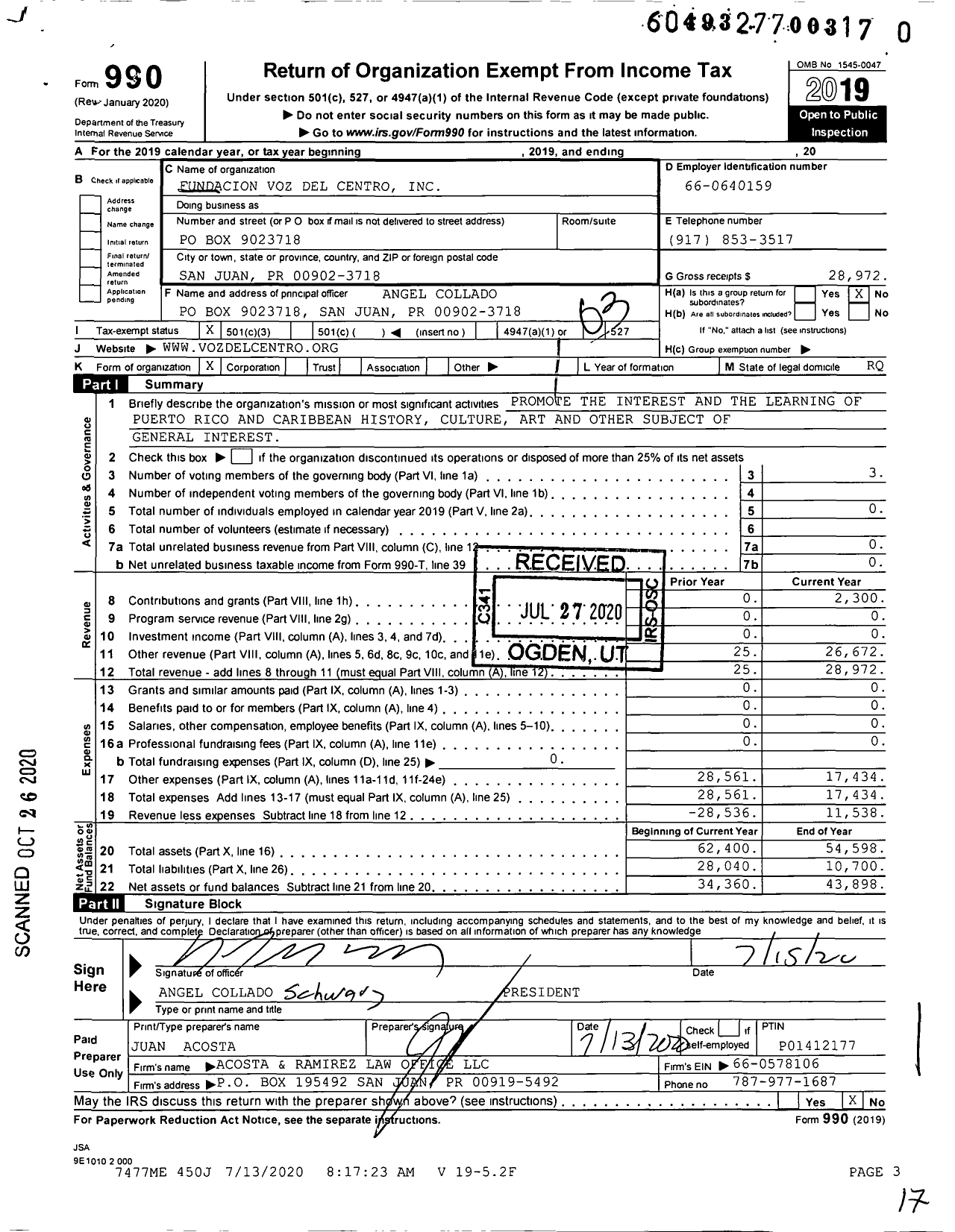 Image of first page of 2019 Form 990 for Fundacion Voz Del Centro