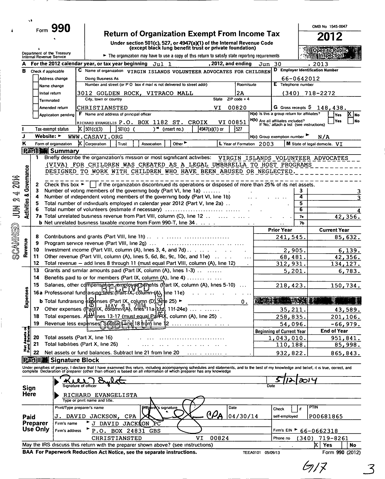 Image of first page of 2012 Form 990 for Virgin Islands Volunteer Advocates for Children