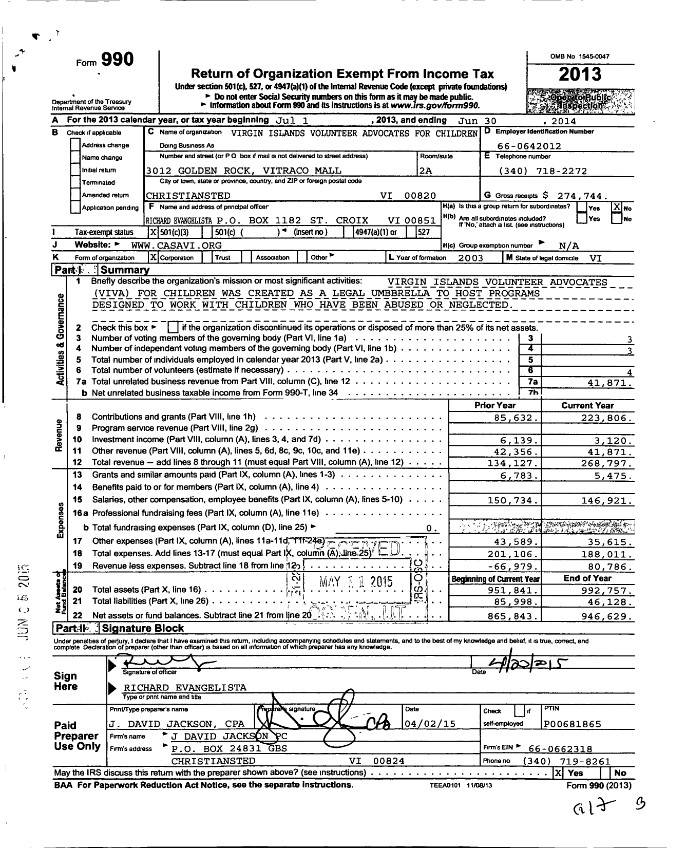 Image of first page of 2013 Form 990 for Virgin Islands Volunteer Advocates for Children