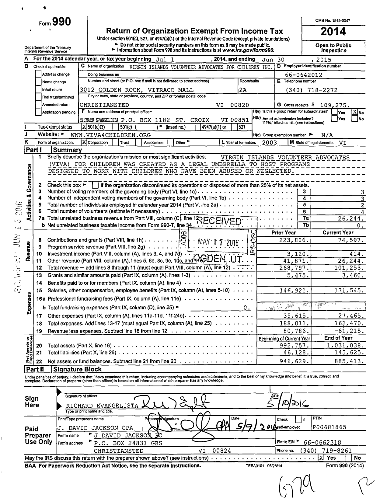 Image of first page of 2014 Form 990 for Virgin Islands Volunteer Advocates for Children