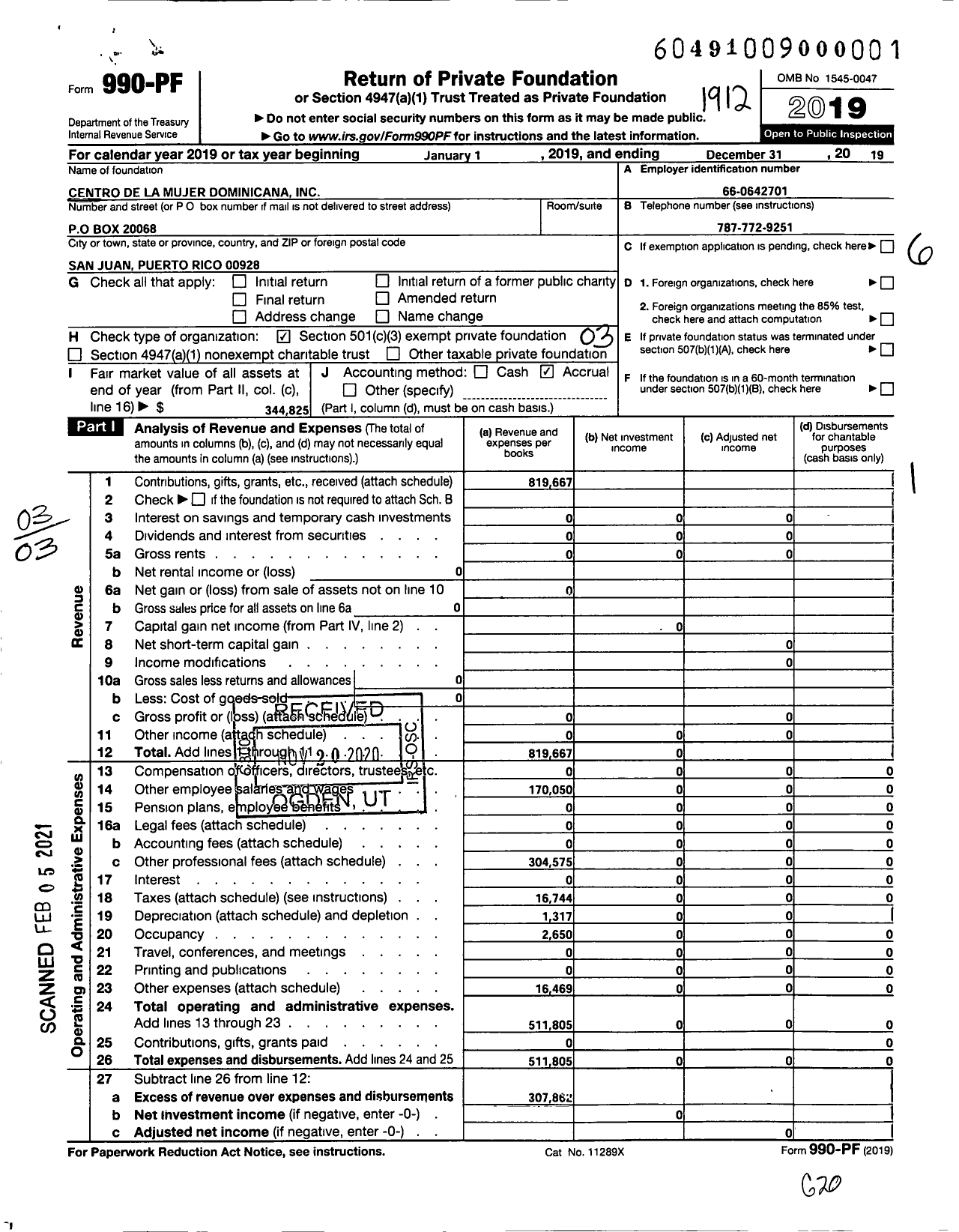 Image of first page of 2019 Form 990PF for Centro de La Mujer Dominicana