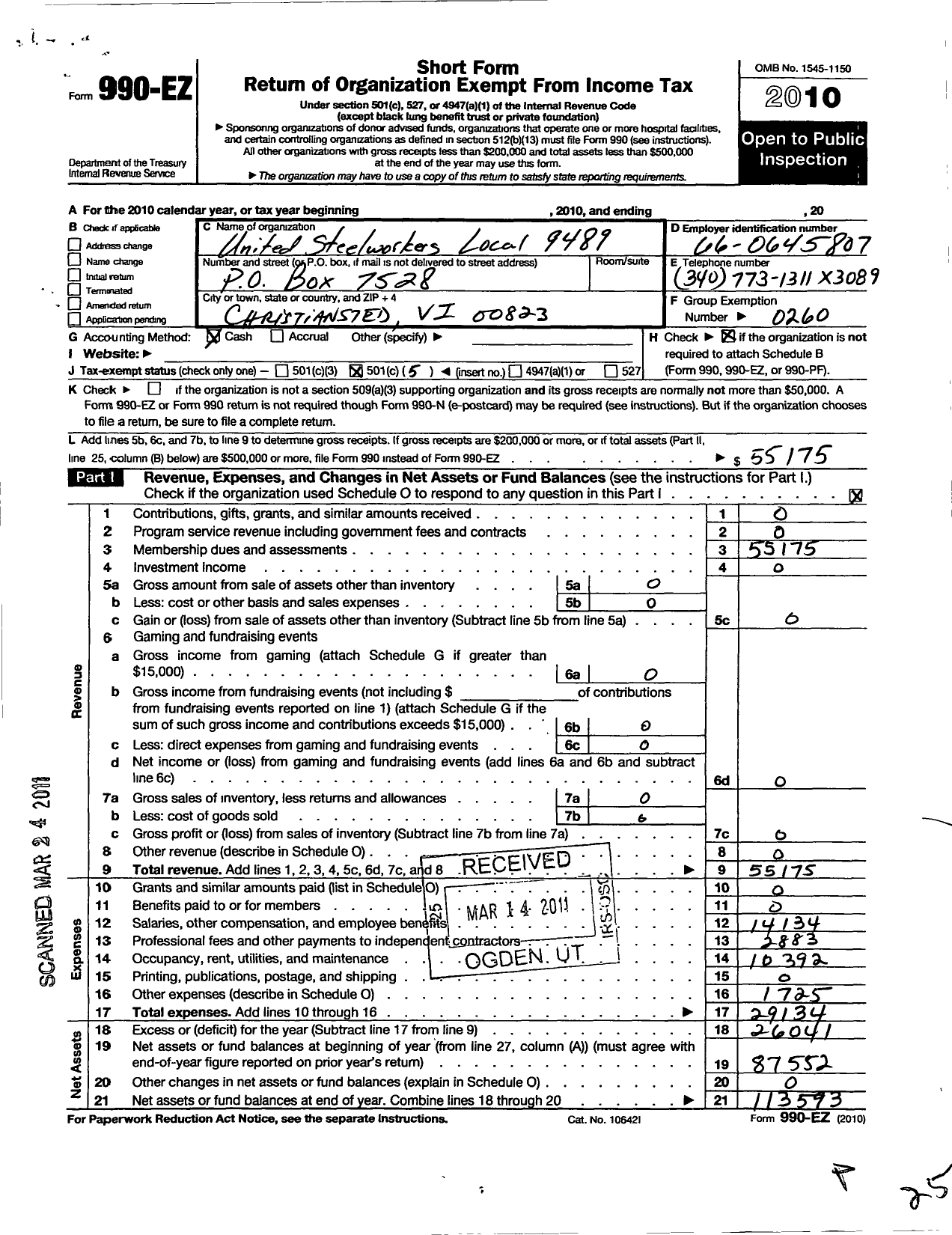 Image of first page of 2010 Form 990EO for United Steelworkers Local 9489