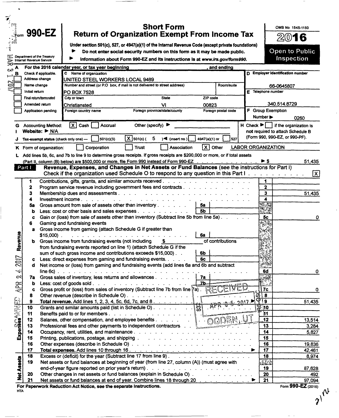 Image of first page of 2016 Form 990EO for United Steelworkers Local 9489