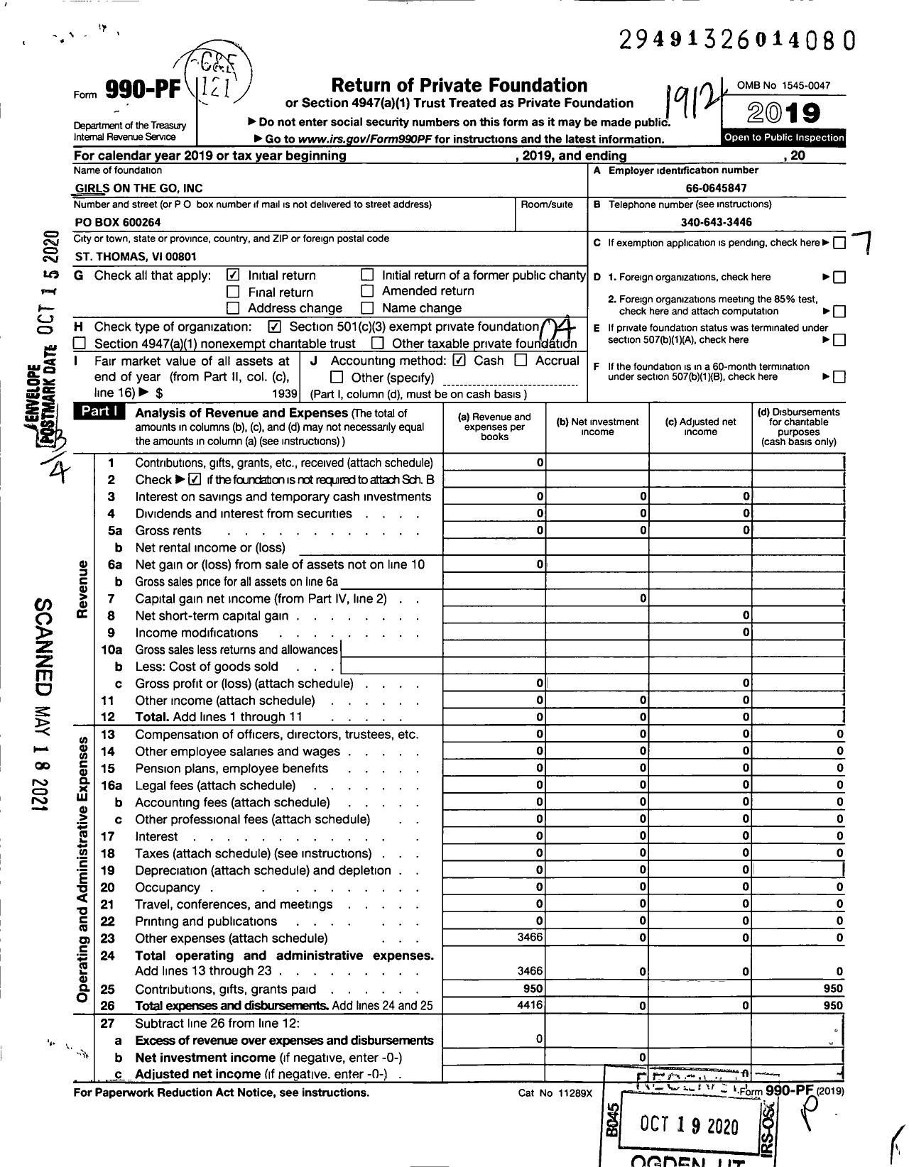 Image of first page of 2019 Form 990PF for Girls on the Go