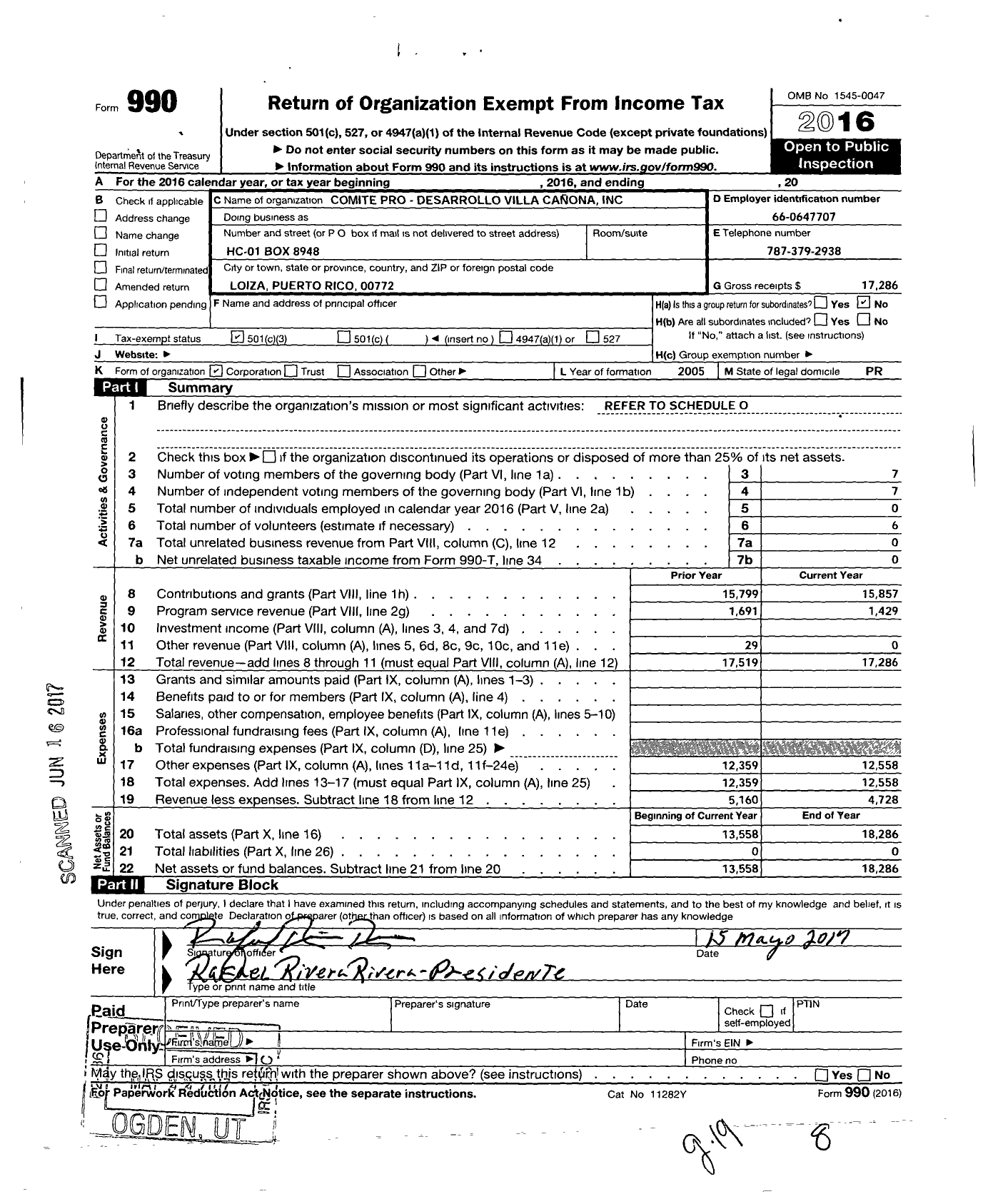 Image of first page of 2016 Form 990 for Comite Pro Desarrollo Villa Canona