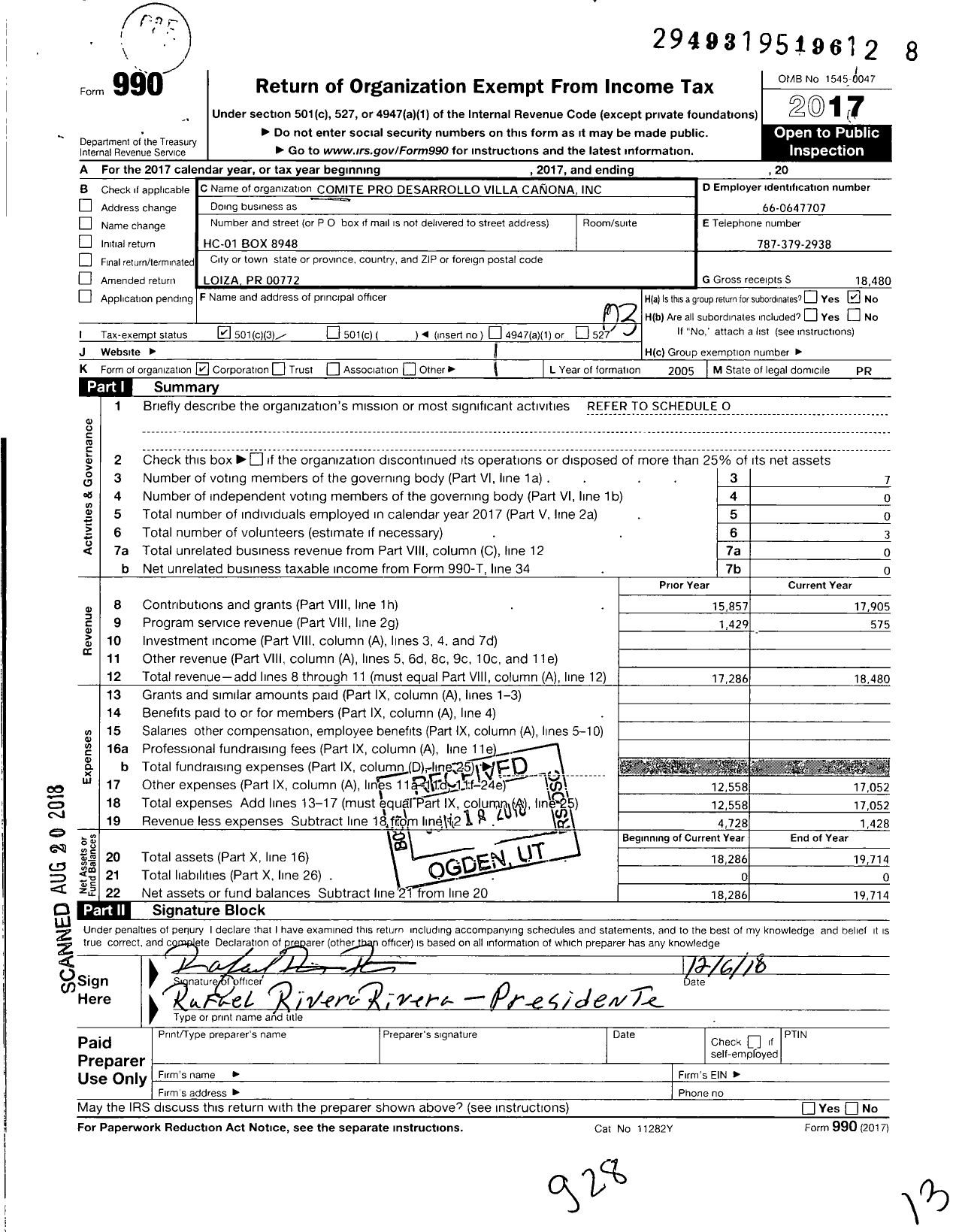 Image of first page of 2017 Form 990 for Comite Pro Desarrollo Villa Canona