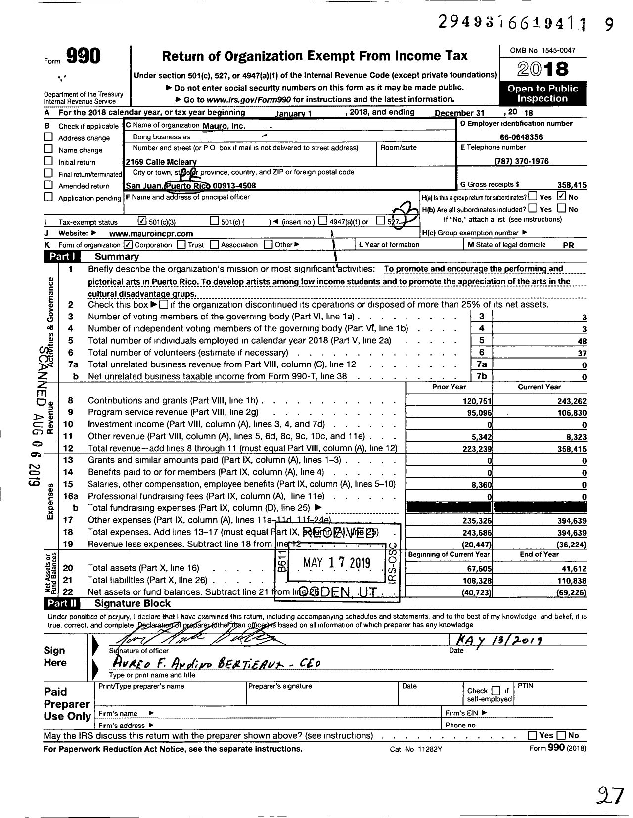 Image of first page of 2018 Form 990 for Mauro