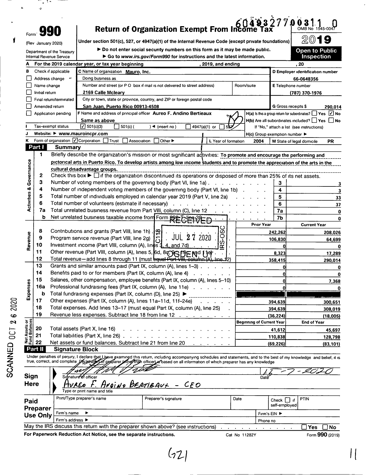 Image of first page of 2019 Form 990 for Mauro