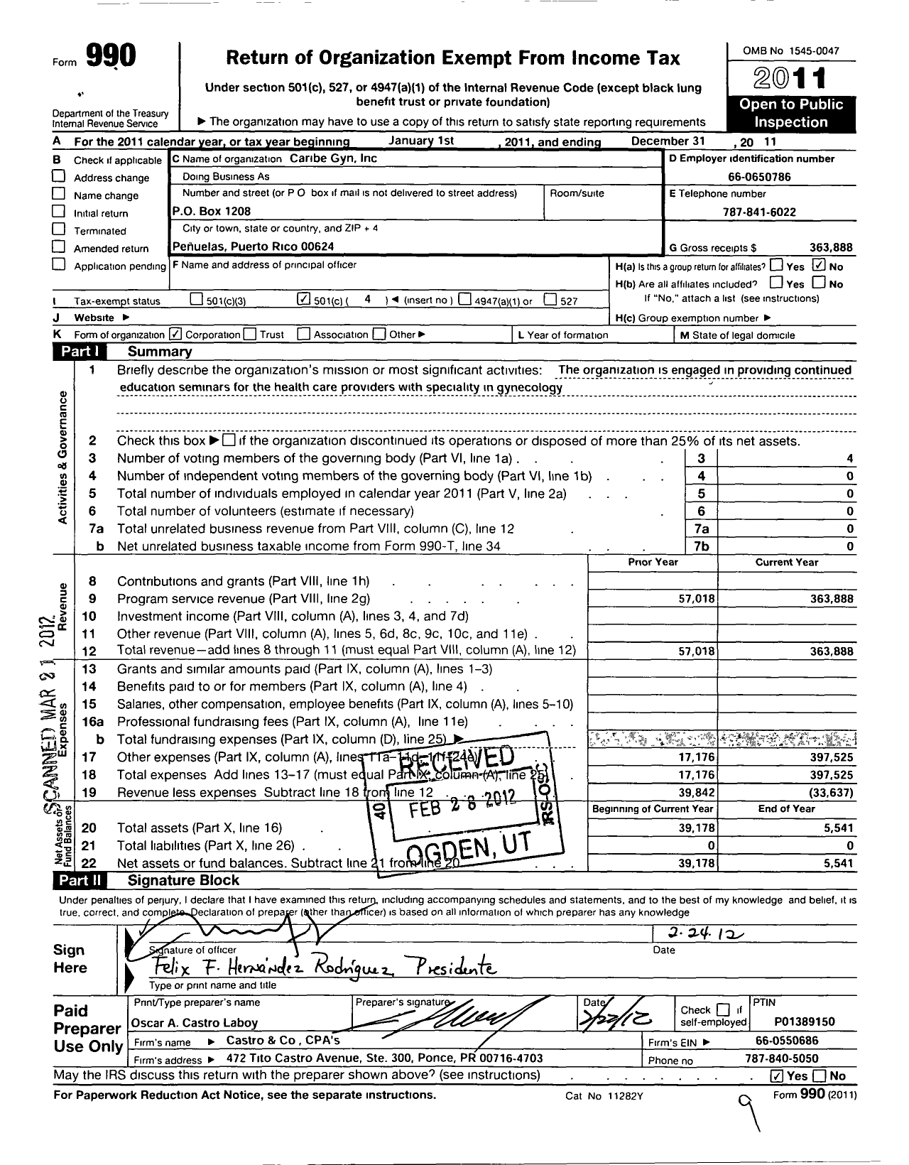 Image of first page of 2011 Form 990O for Caribe Gyn