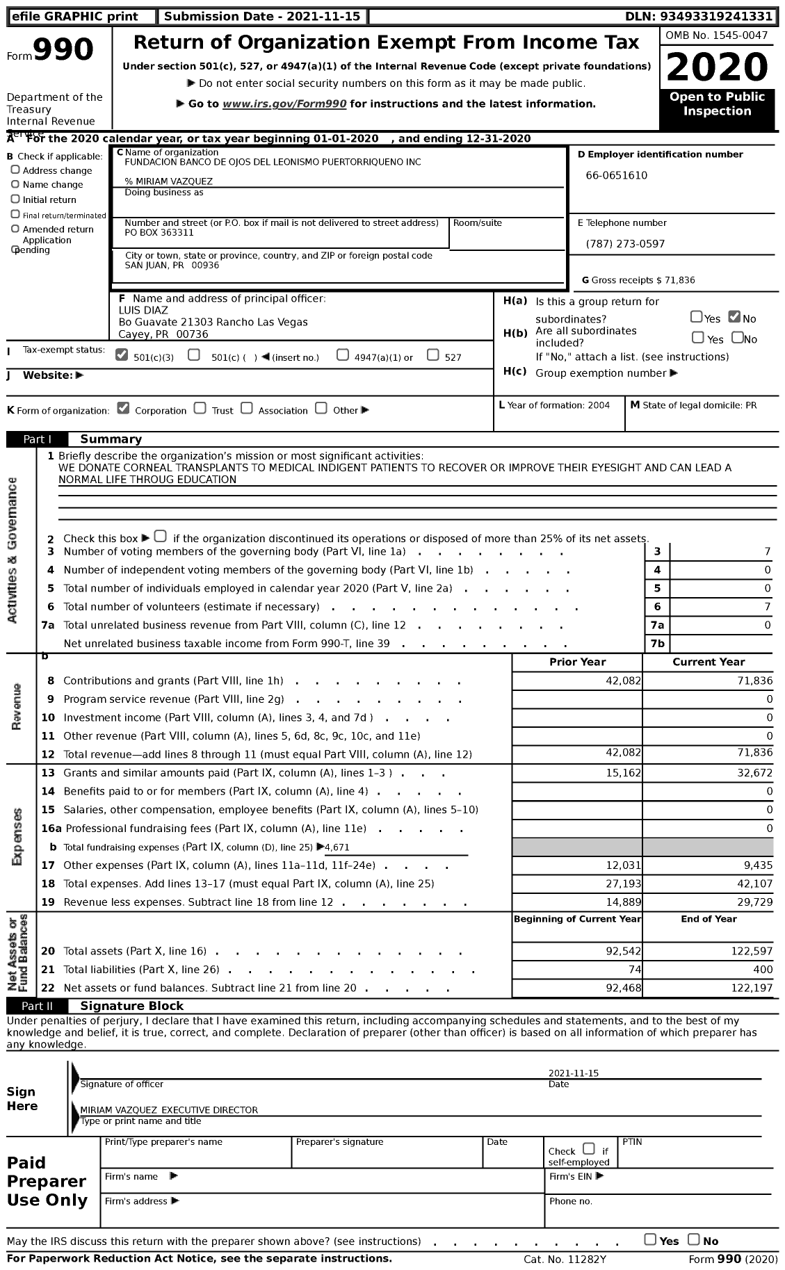 Image of first page of 2020 Form 990 for Fundacion Banco de Ojos Del Leonismo Puertorriqueno