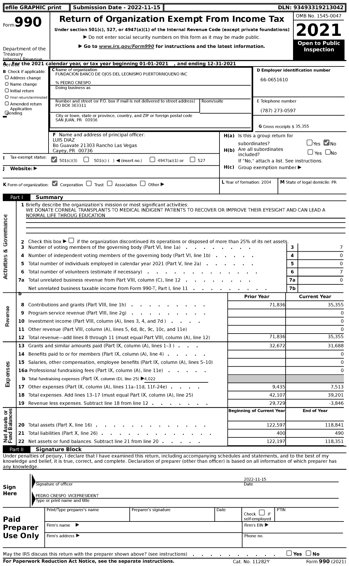 Image of first page of 2021 Form 990 for Fundacion Banco de Ojos Del Leonismo Puertorriqueno
