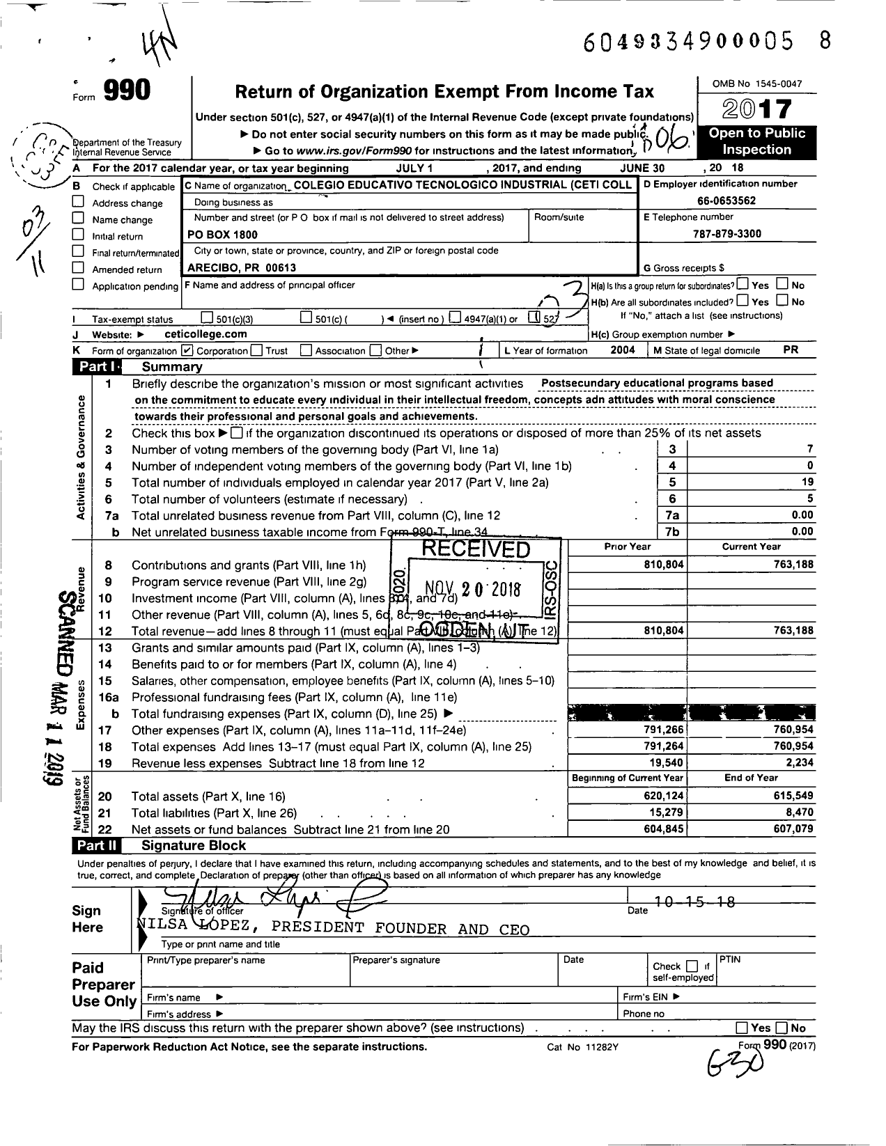 Image of first page of 2017 Form 990 for Colegio Educativo Tecnologico Industrial