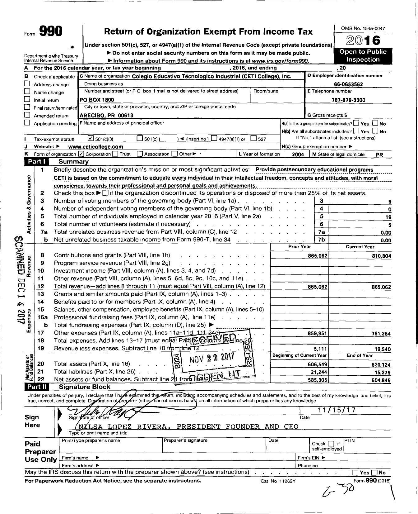 Image of first page of 2016 Form 990 for Colegio Educativo Tecnologico Industrial