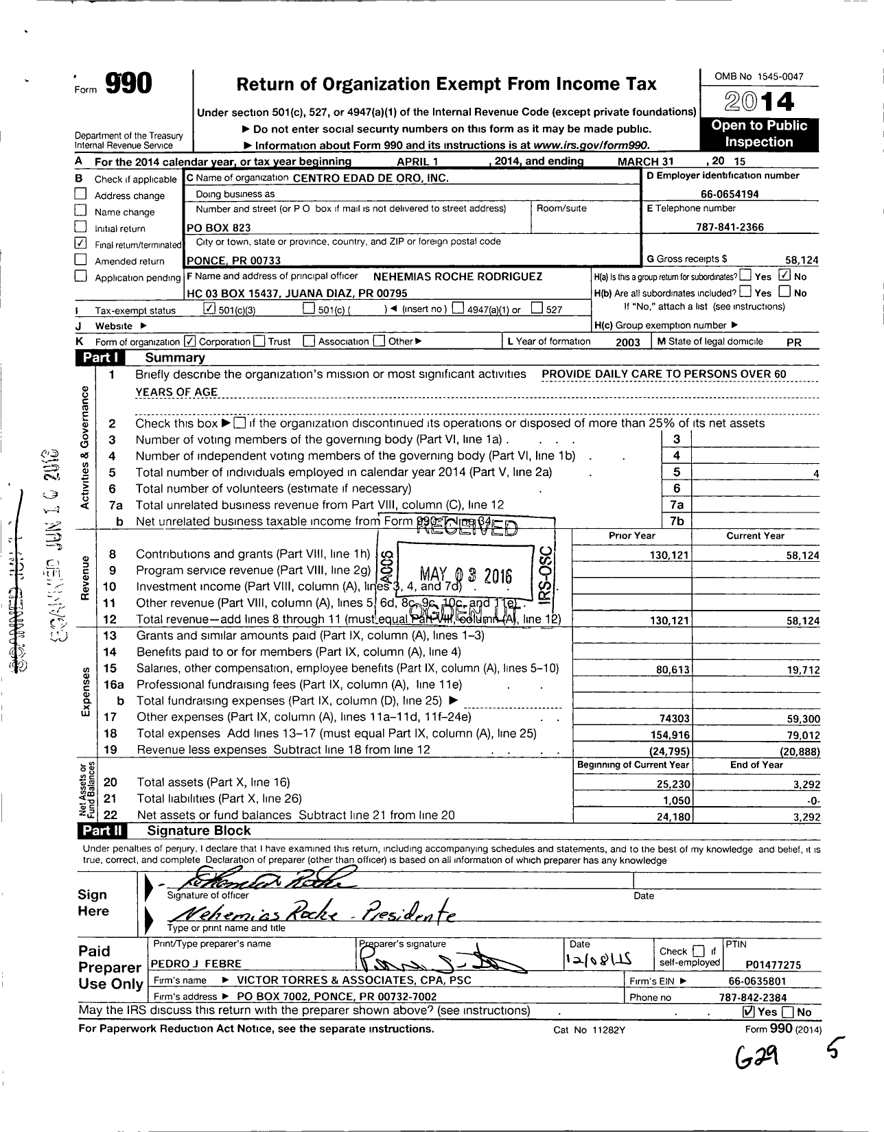 Image of first page of 2014 Form 990 for Centro Edad de Oro