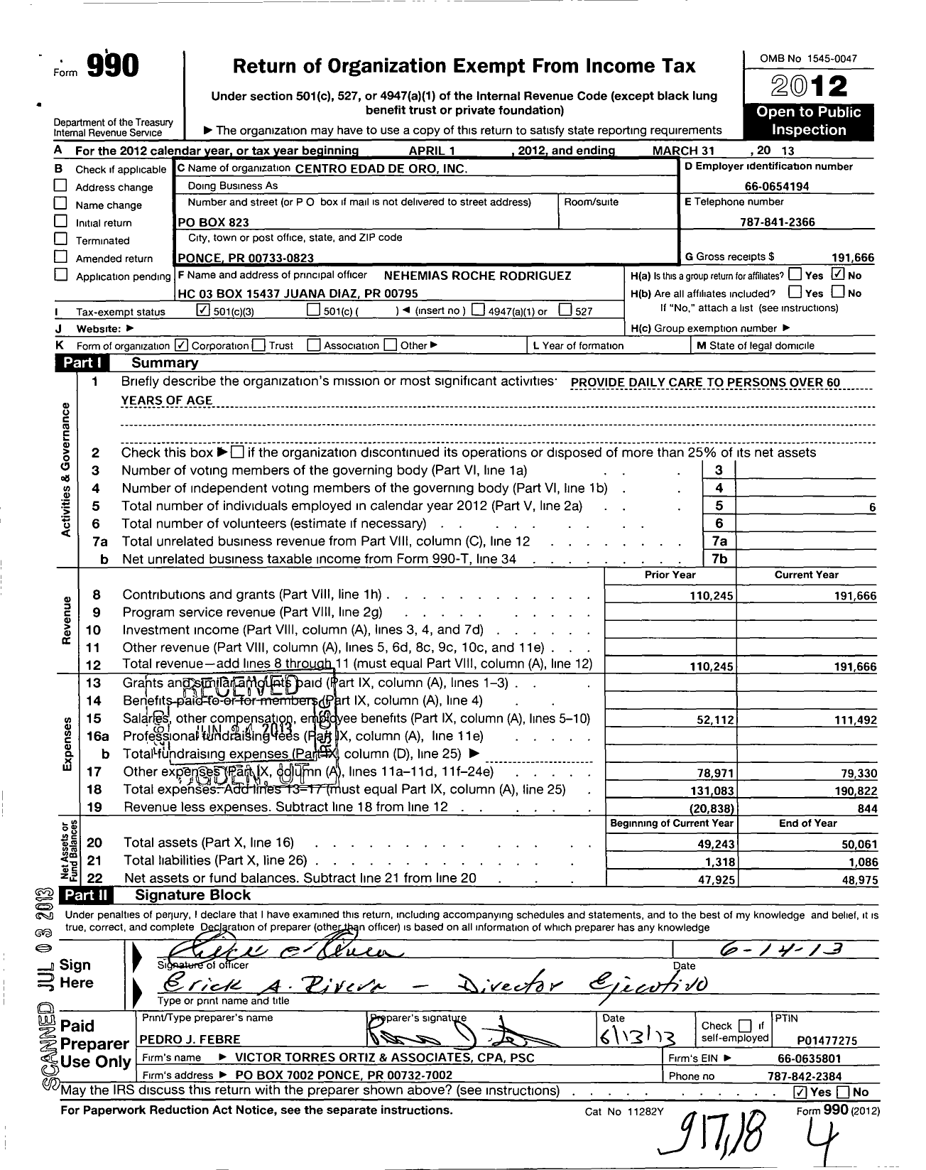 Image of first page of 2012 Form 990 for Centro Edad de Oro