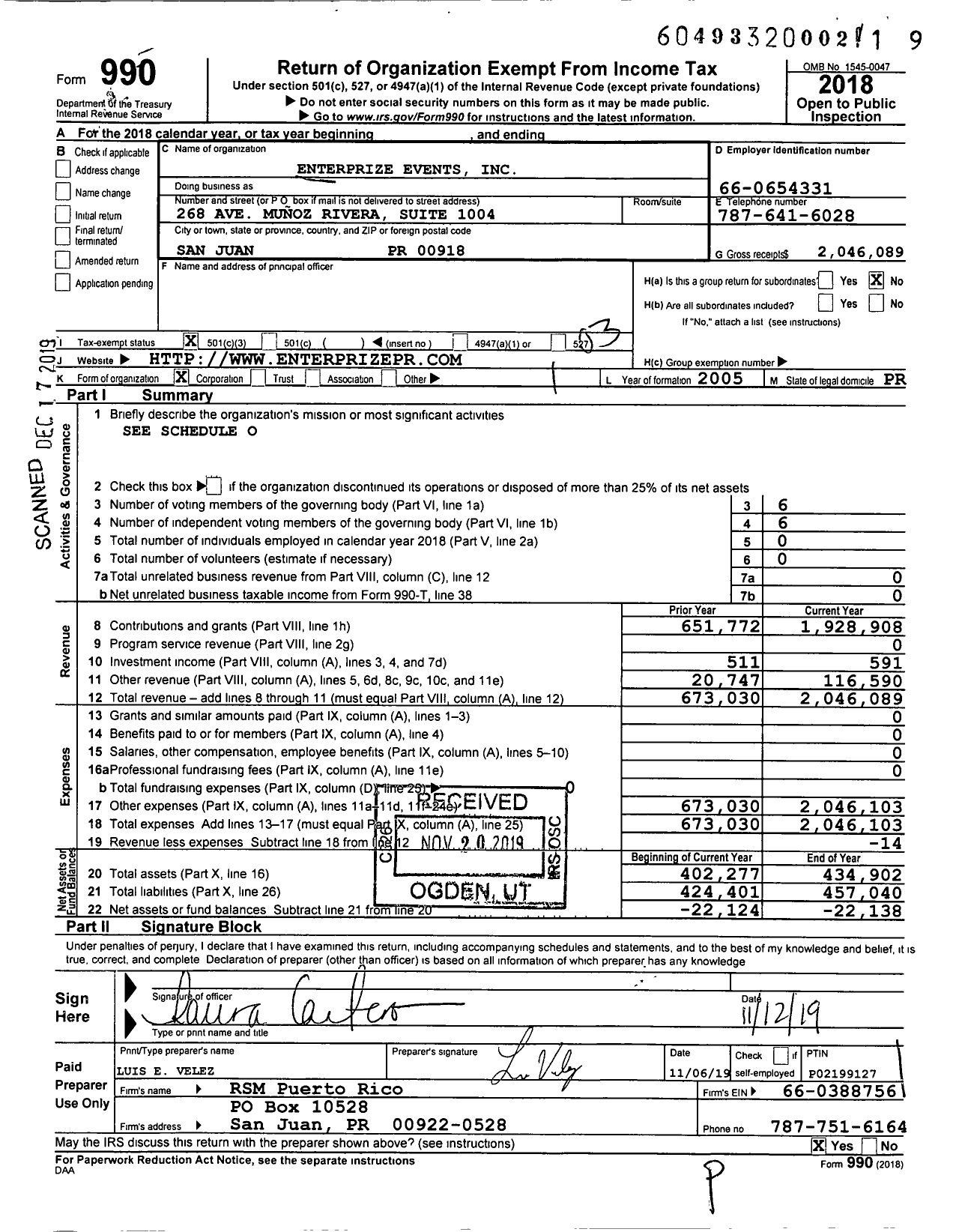 Image of first page of 2018 Form 990 for Enterprize Events